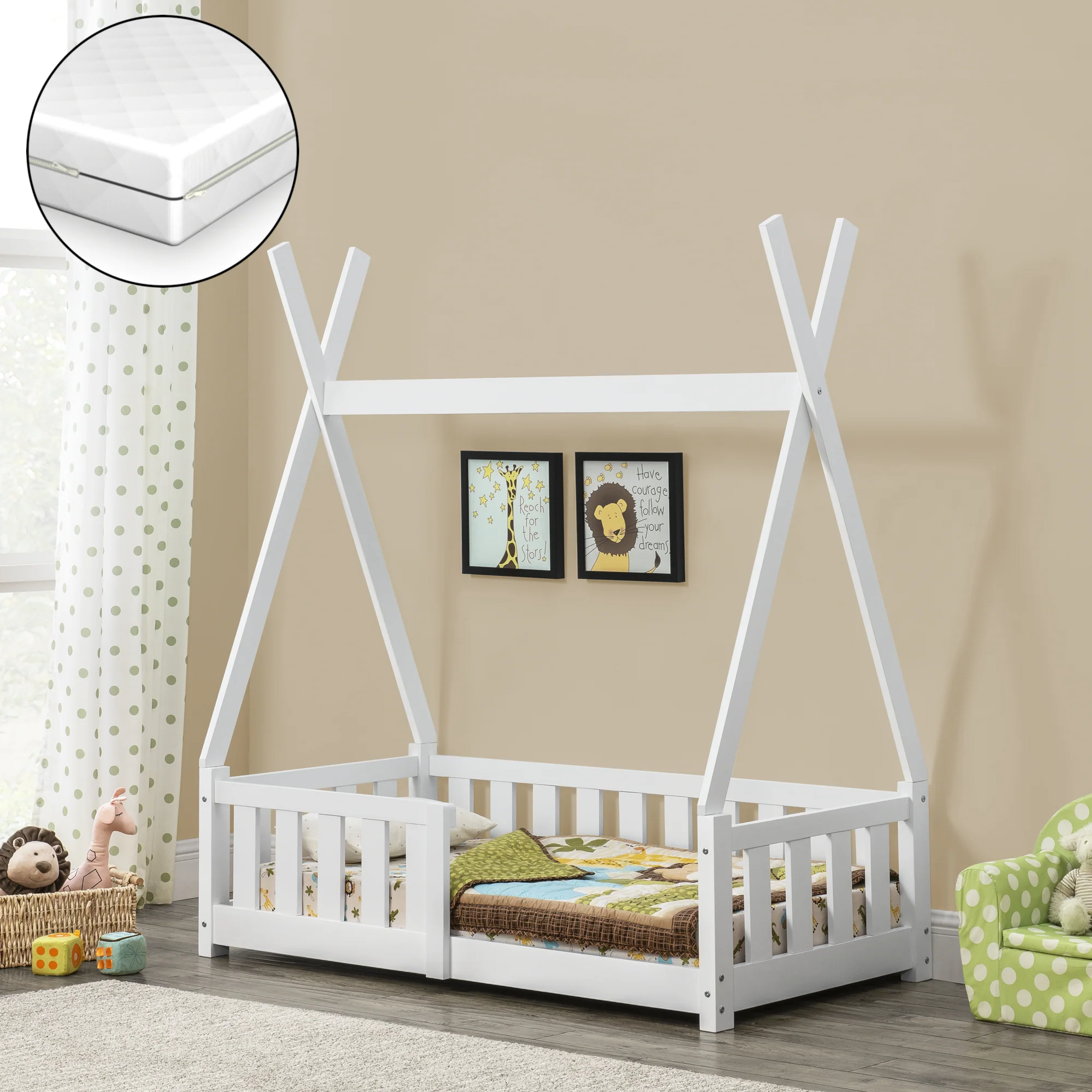 Kinderbed Tipi met uitvalbeveiliging en matras 70x140 cm wit