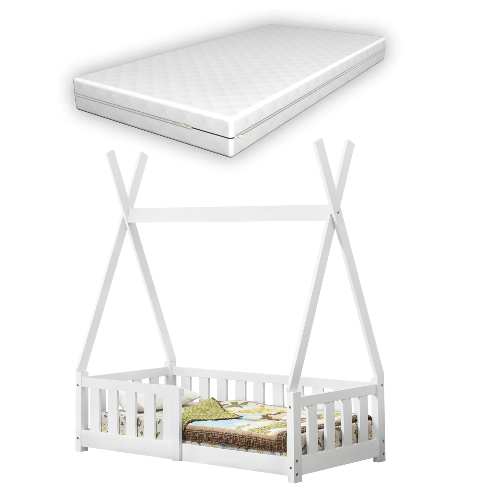 Kinderbed Tipi met uitvalbeveiliging en matras 70x140 cm wit - Image 2