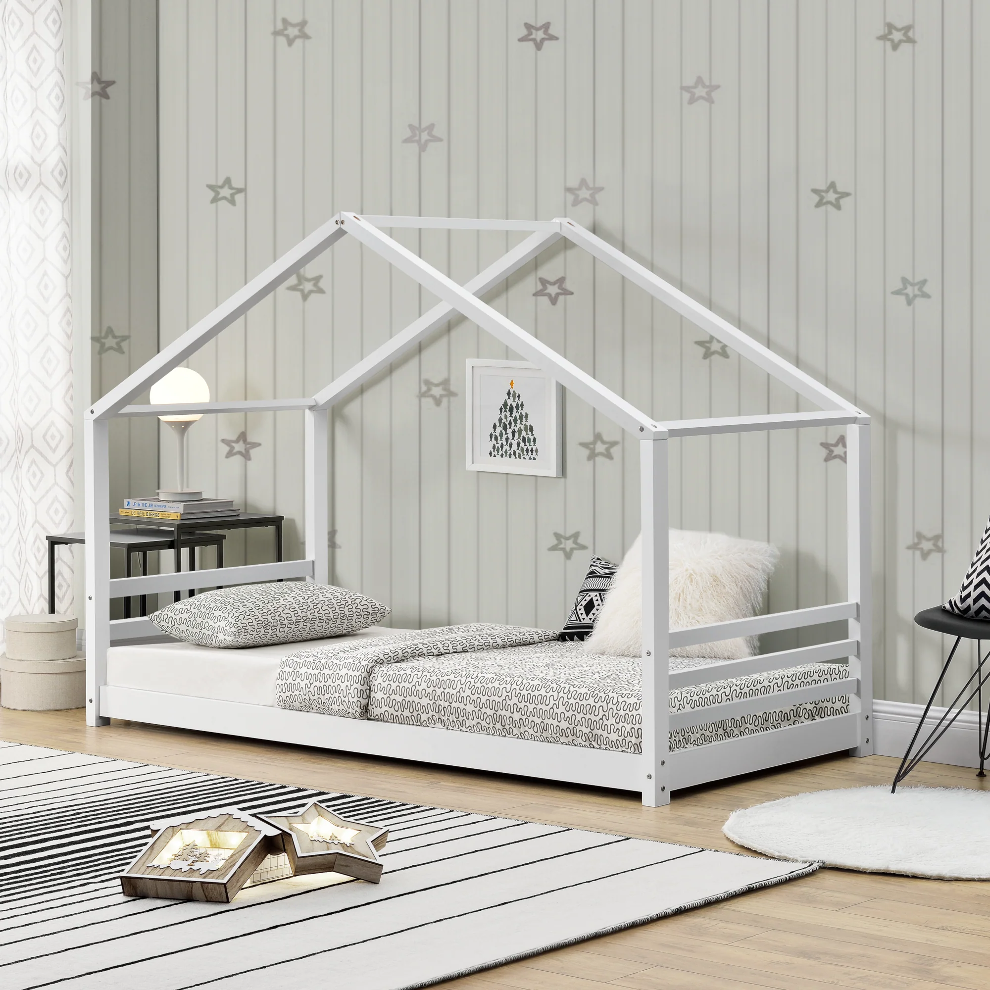 Kinderbed met bedbodem grenen huisbed 90x200 cm wit