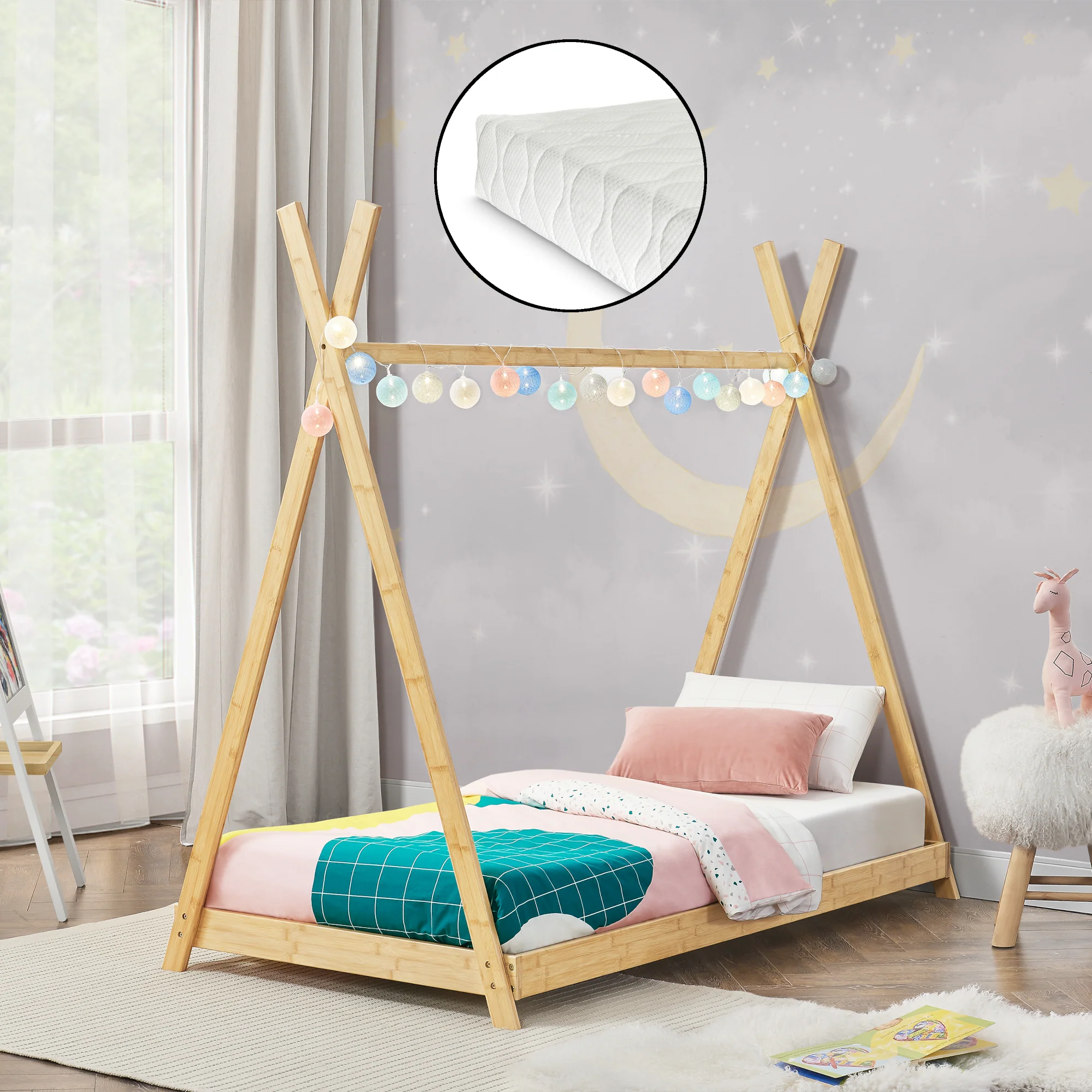 [en.casa] Kinderbed Vimpeli tipi met matras bamboe houtkleurig - 2 varianten - Image 3