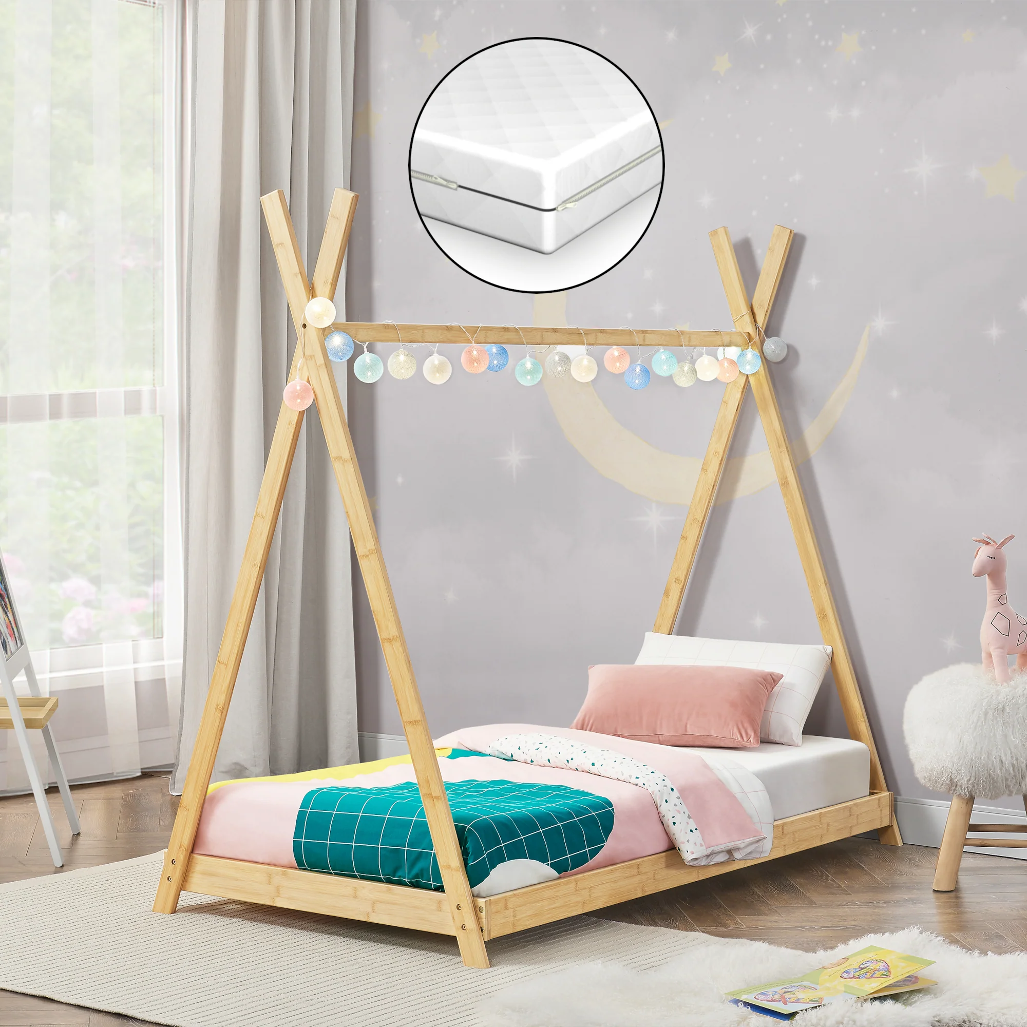 [en.casa] Kinderbed Vimpeli tipi met matras bamboe houtkleurig - 2 varianten - Image 4