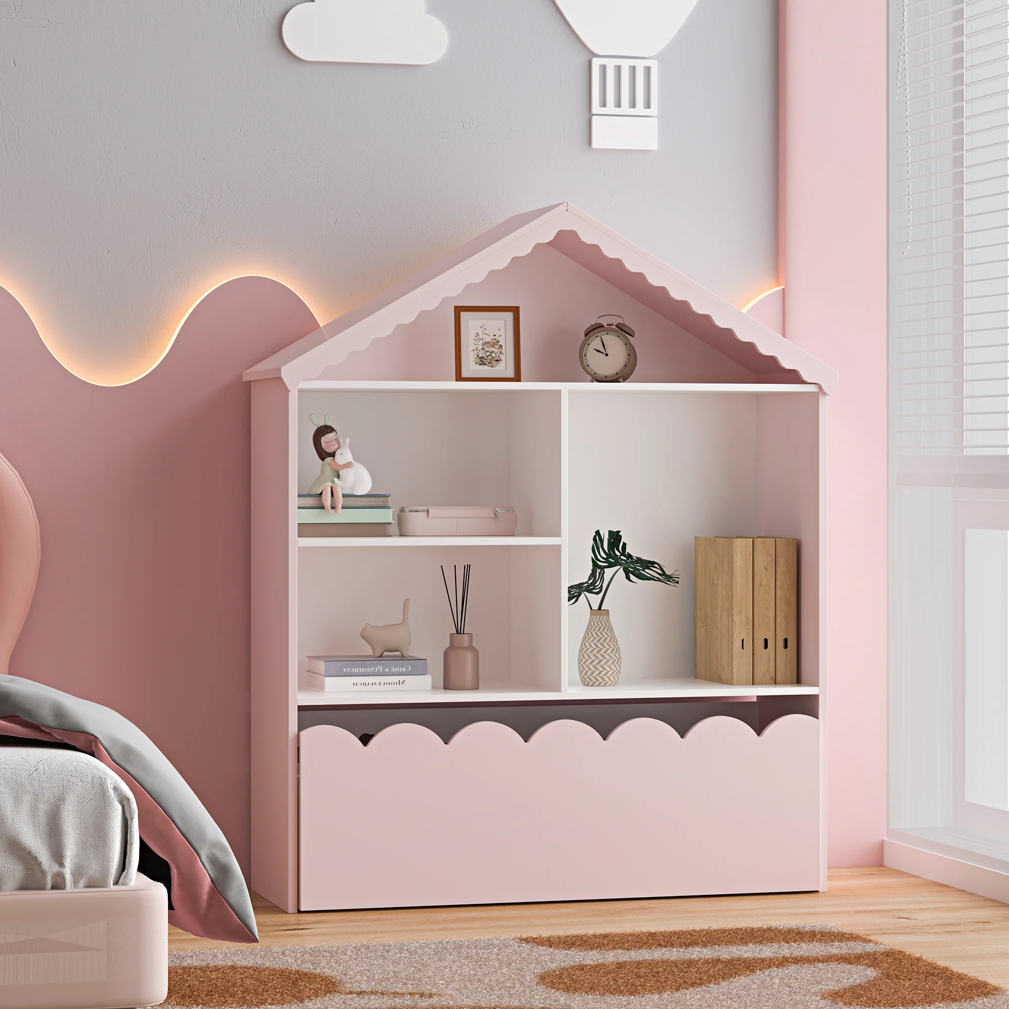 Kinderrek Vestnes in huisvorm 114x91x30 cm wit en roze [en.casa]