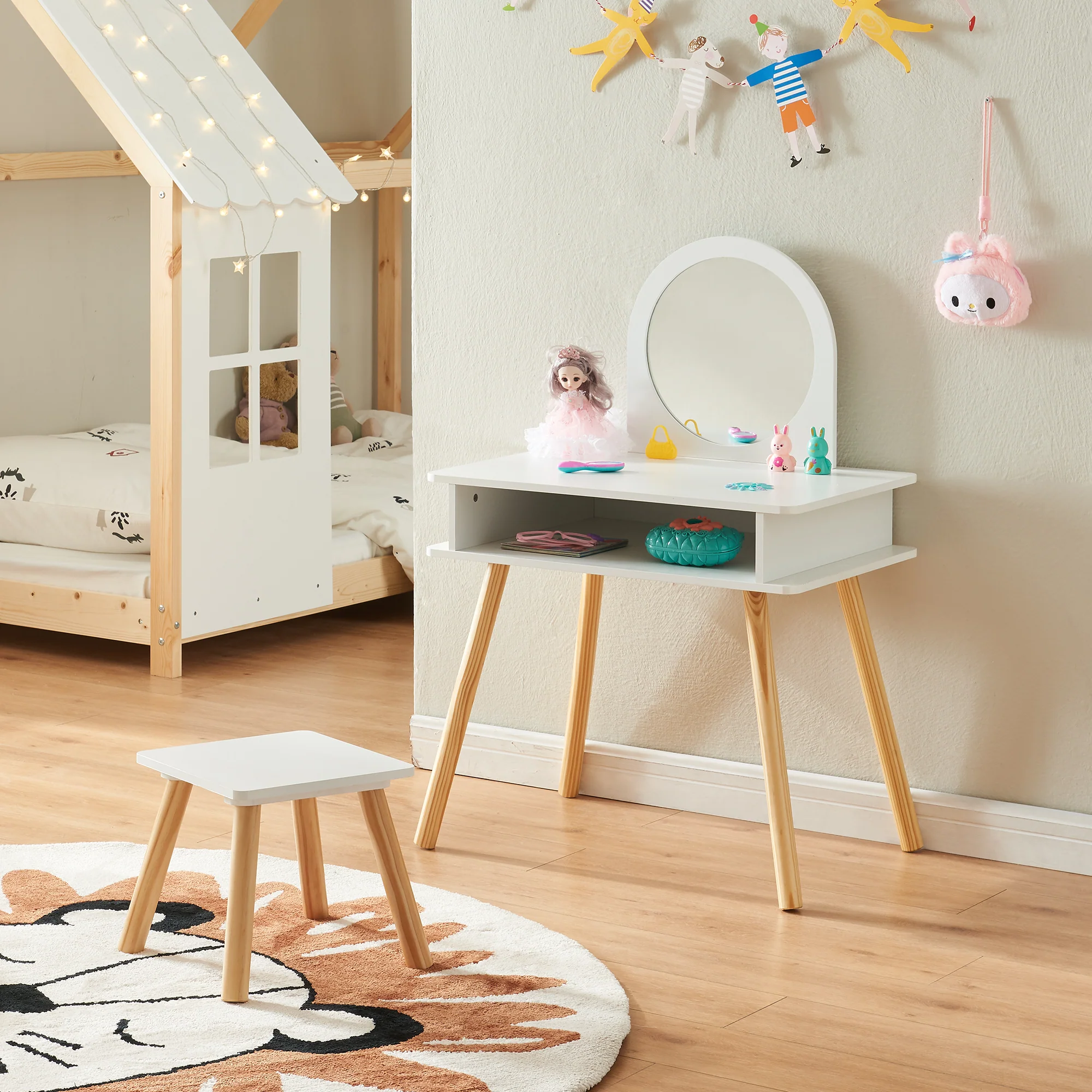 Kaptafel Ovanåker met krukje en spiegel voor kinderen naturel en wit [en.casa]