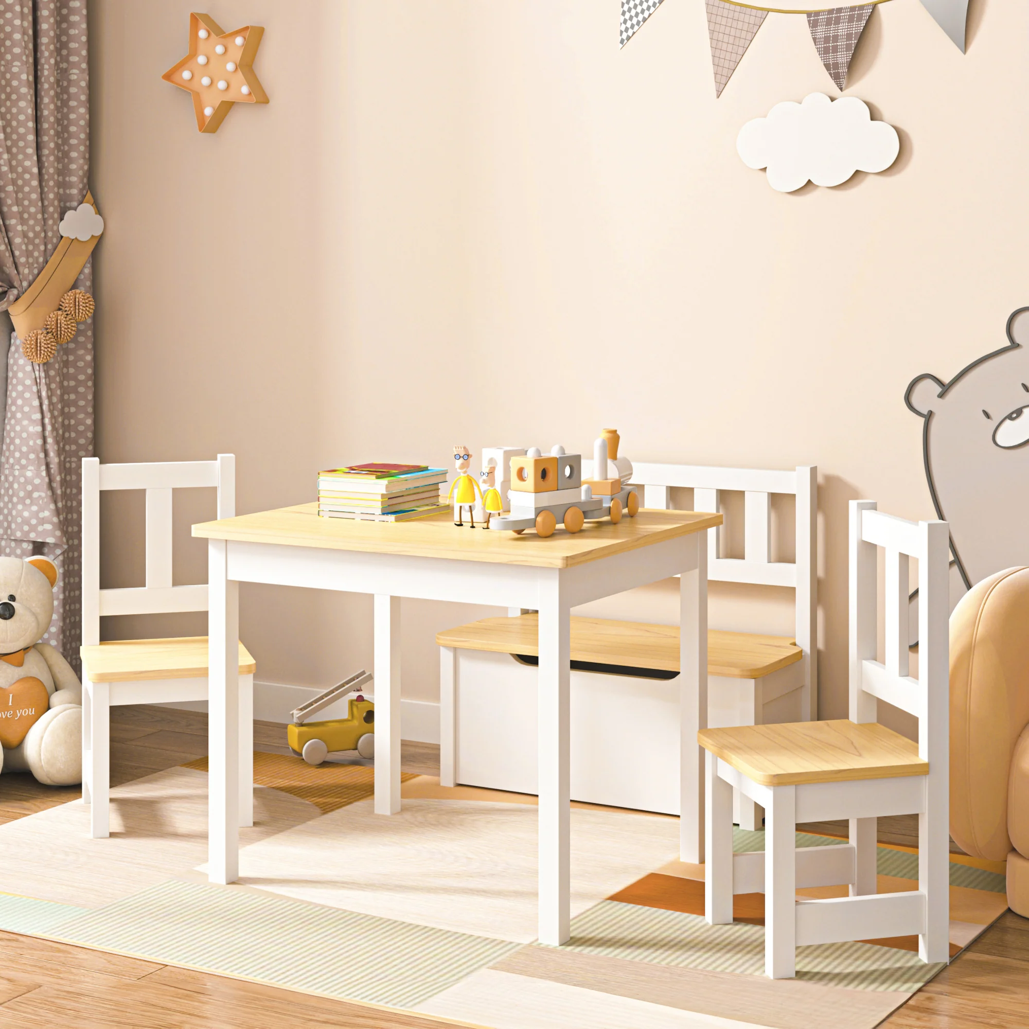 [en.casa] Kindertafel Lousame met 2 stoelen en 1 bank hout en wit