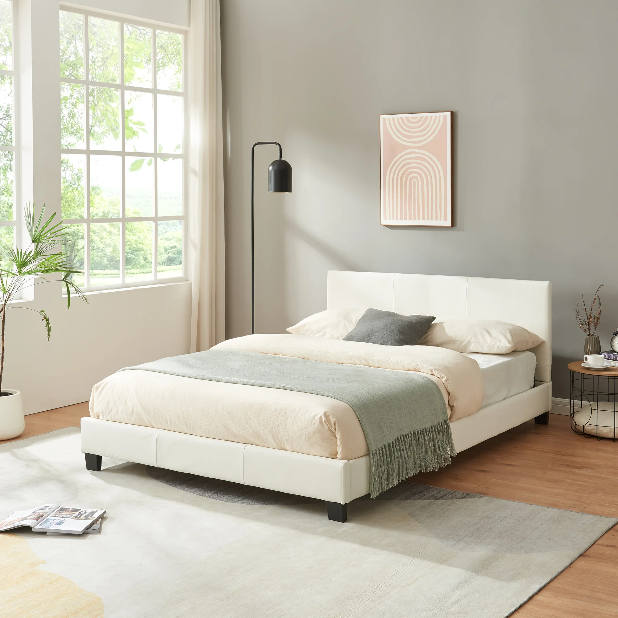 Houten bed Aron kunstleer met bedbodem 140x200 cm wit