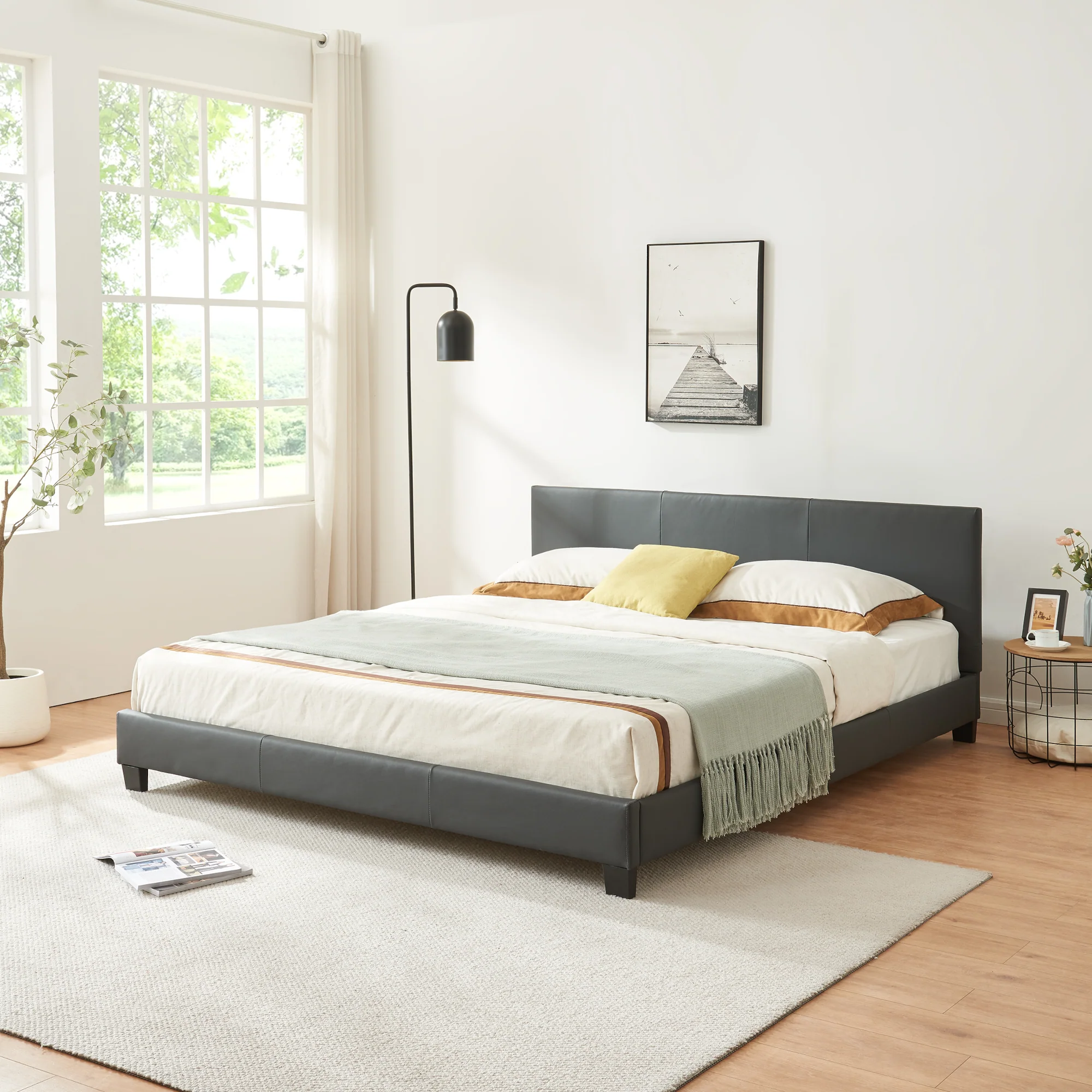 Houten bed met bedbodem kunstleer 180x200 cm donkergrijs