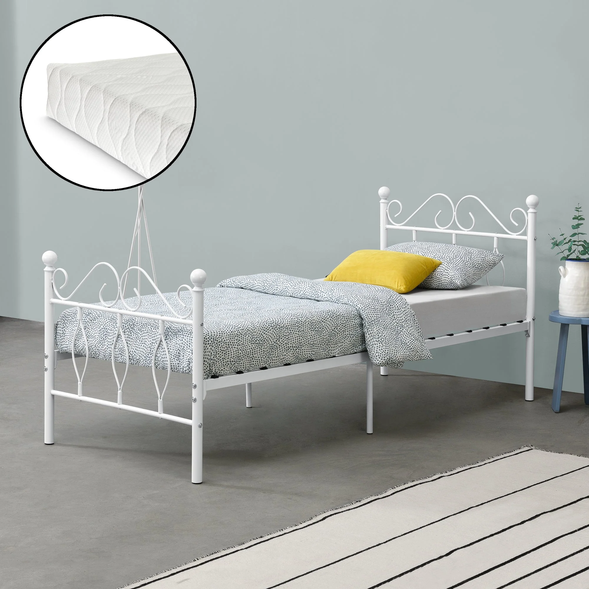 Metalen bedframe Apolda met matras en metalen bedbodem wit - 3 varianten - Image 7