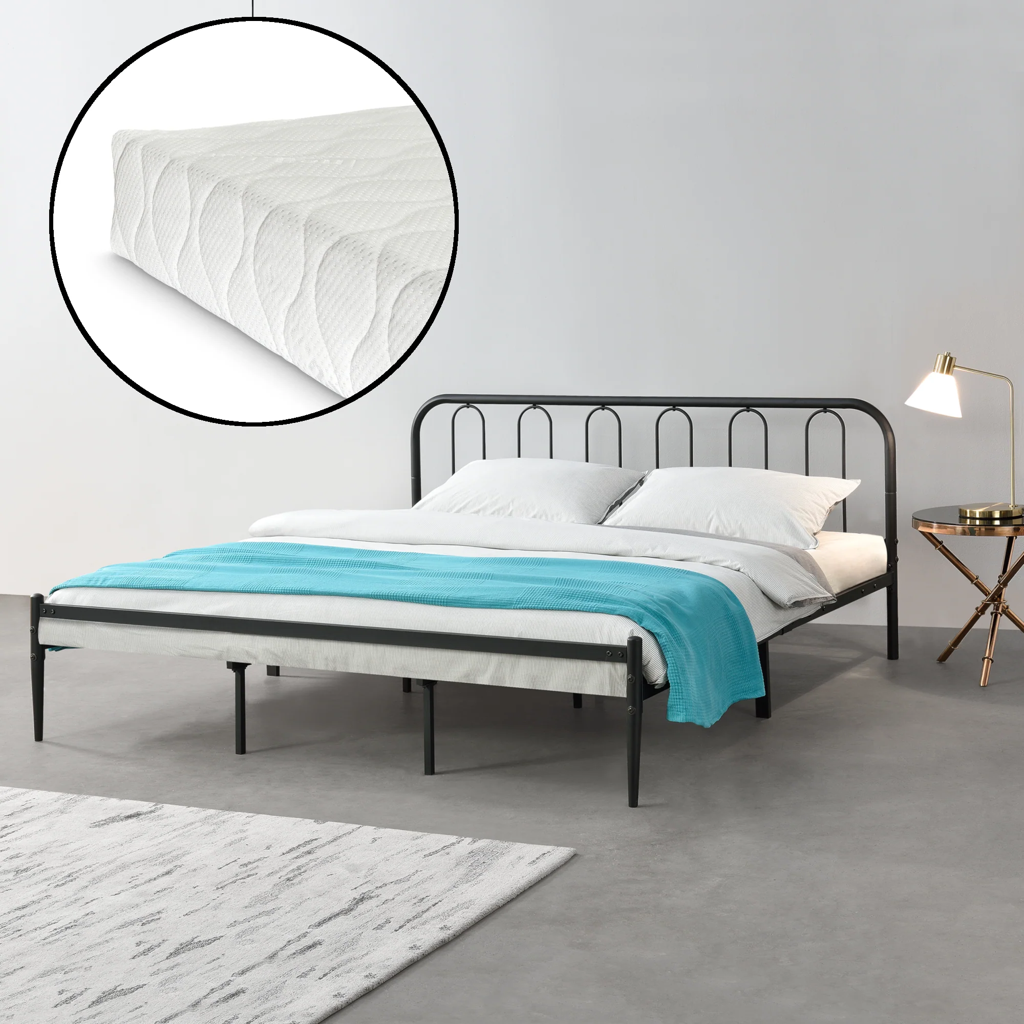 Metalen bedframe Hanko zwart met bedbodem en matras - verschillende maten