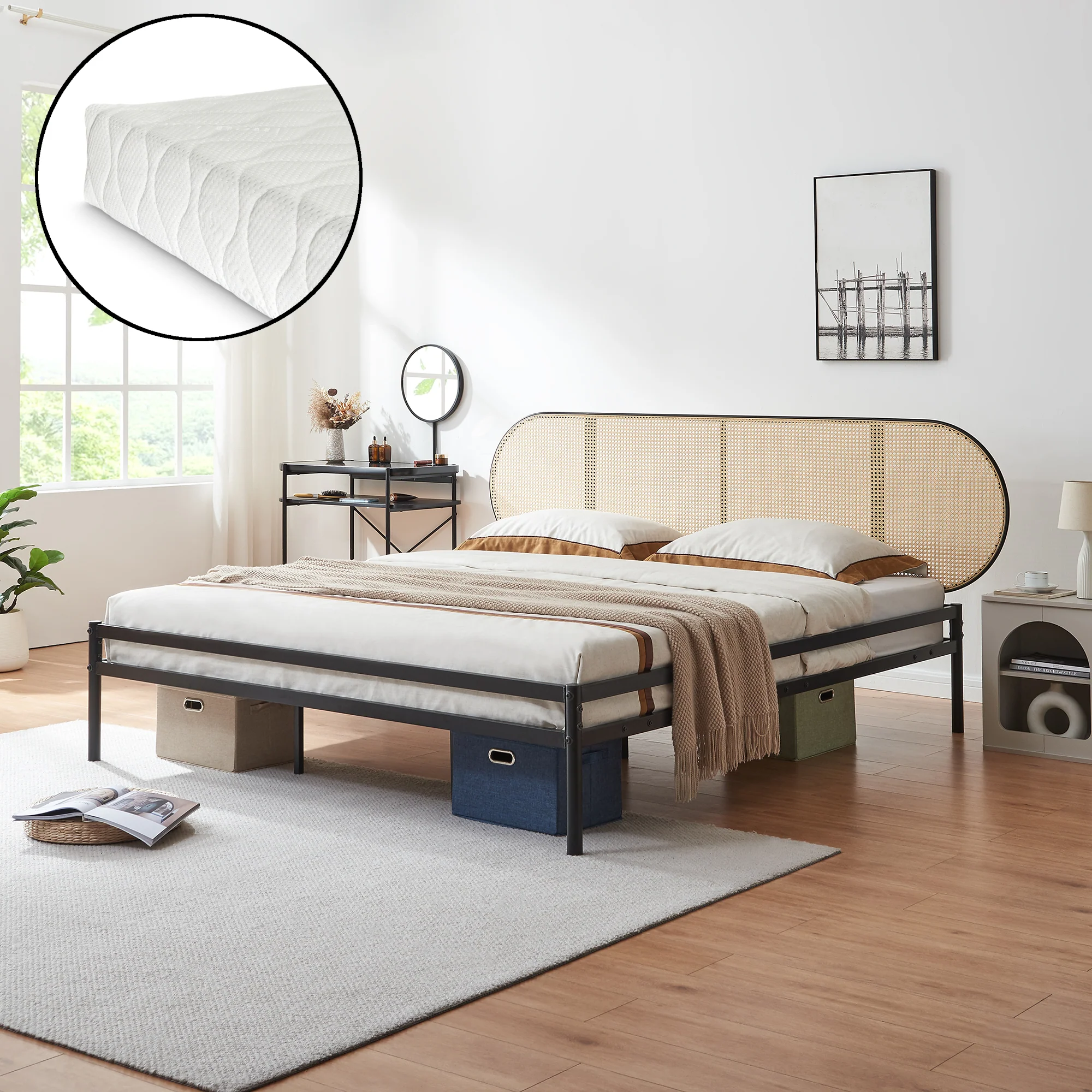 Metalen bed Linköping met matras zwart en rotan look [en.casa] - Image 2