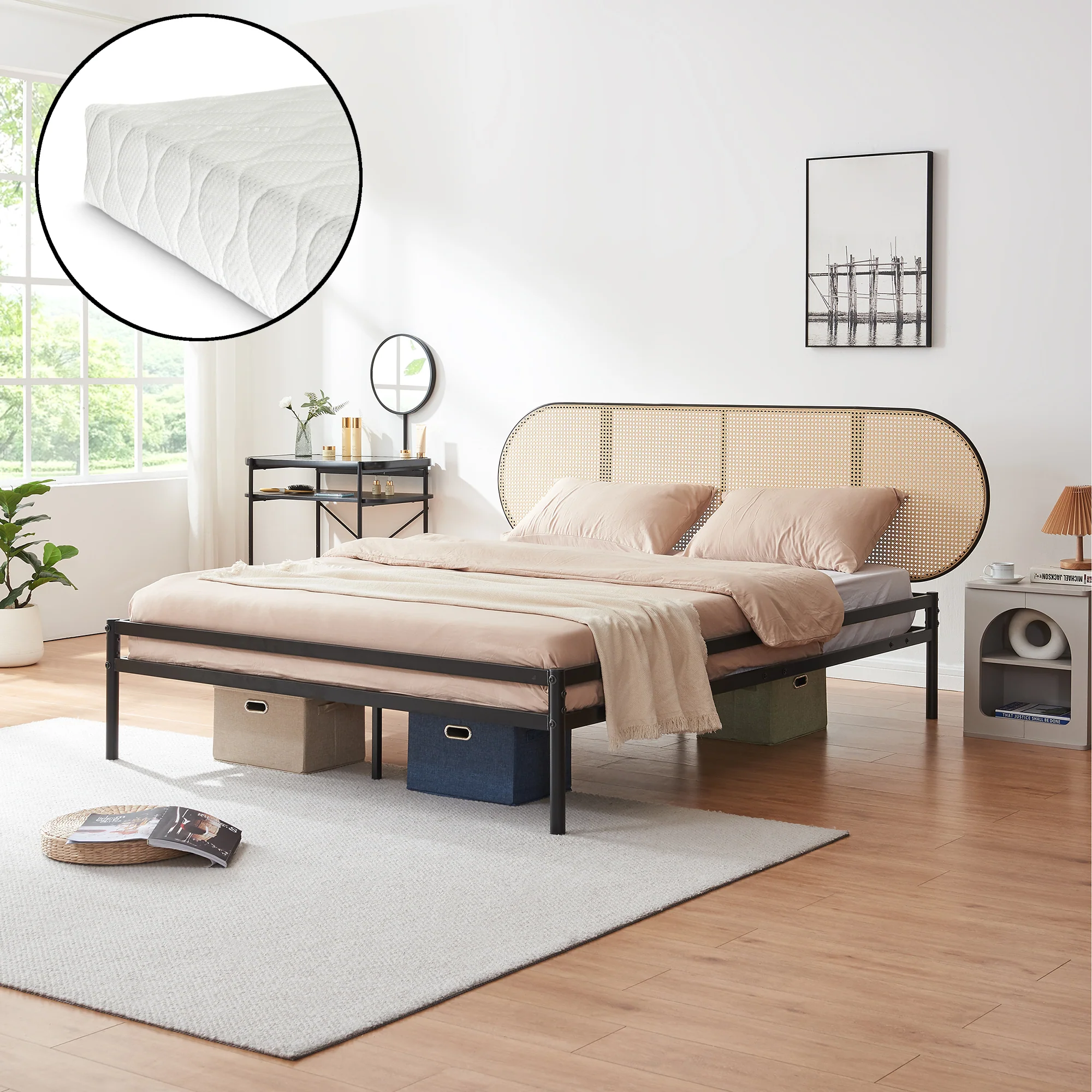 Metalen bed Linköping met matras zwart en rotan look [en.casa] - Image 3
