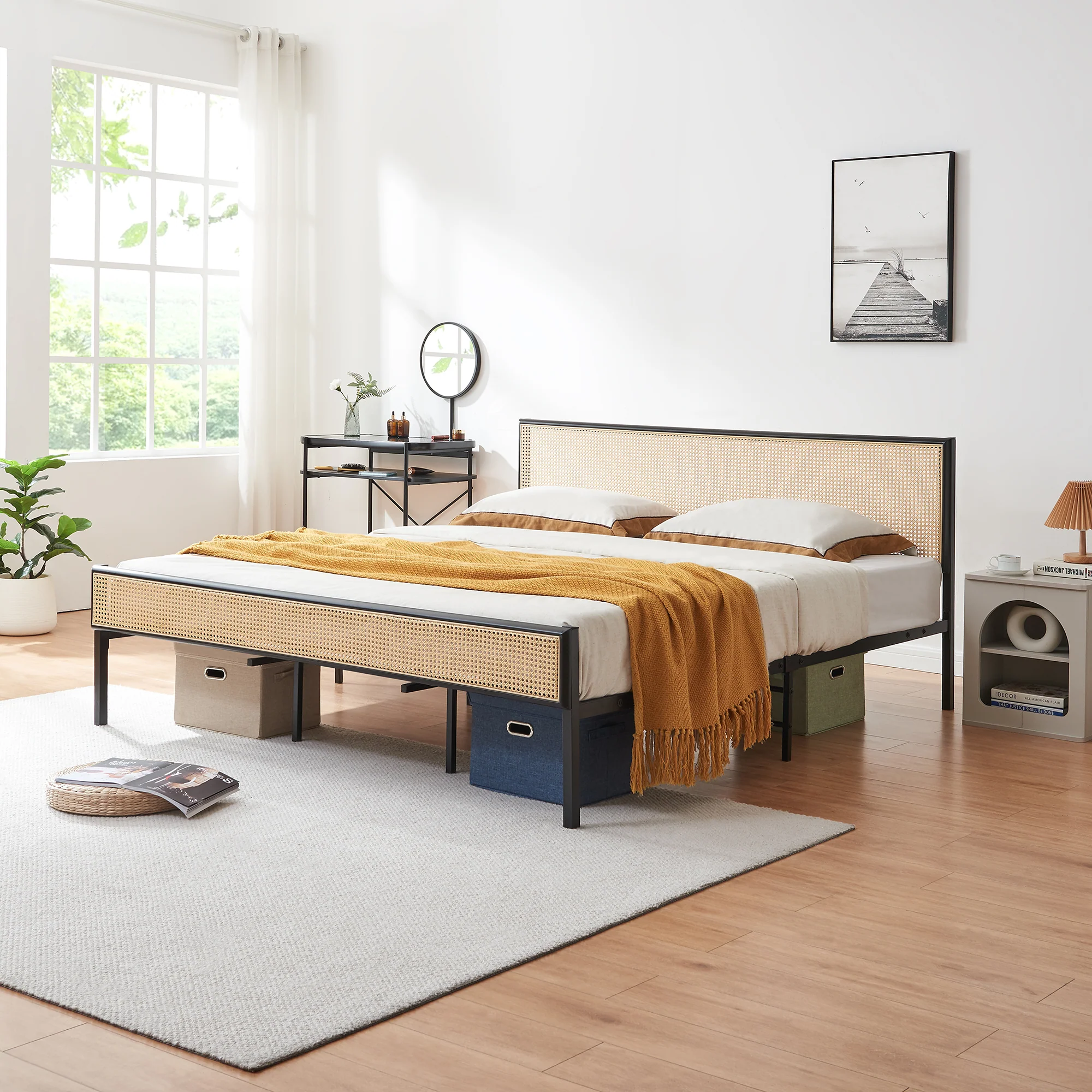 Metalen bed Linköping met rechthoekig hoofd- en voetbord zwart en rotan look [en.casa] - Image 2