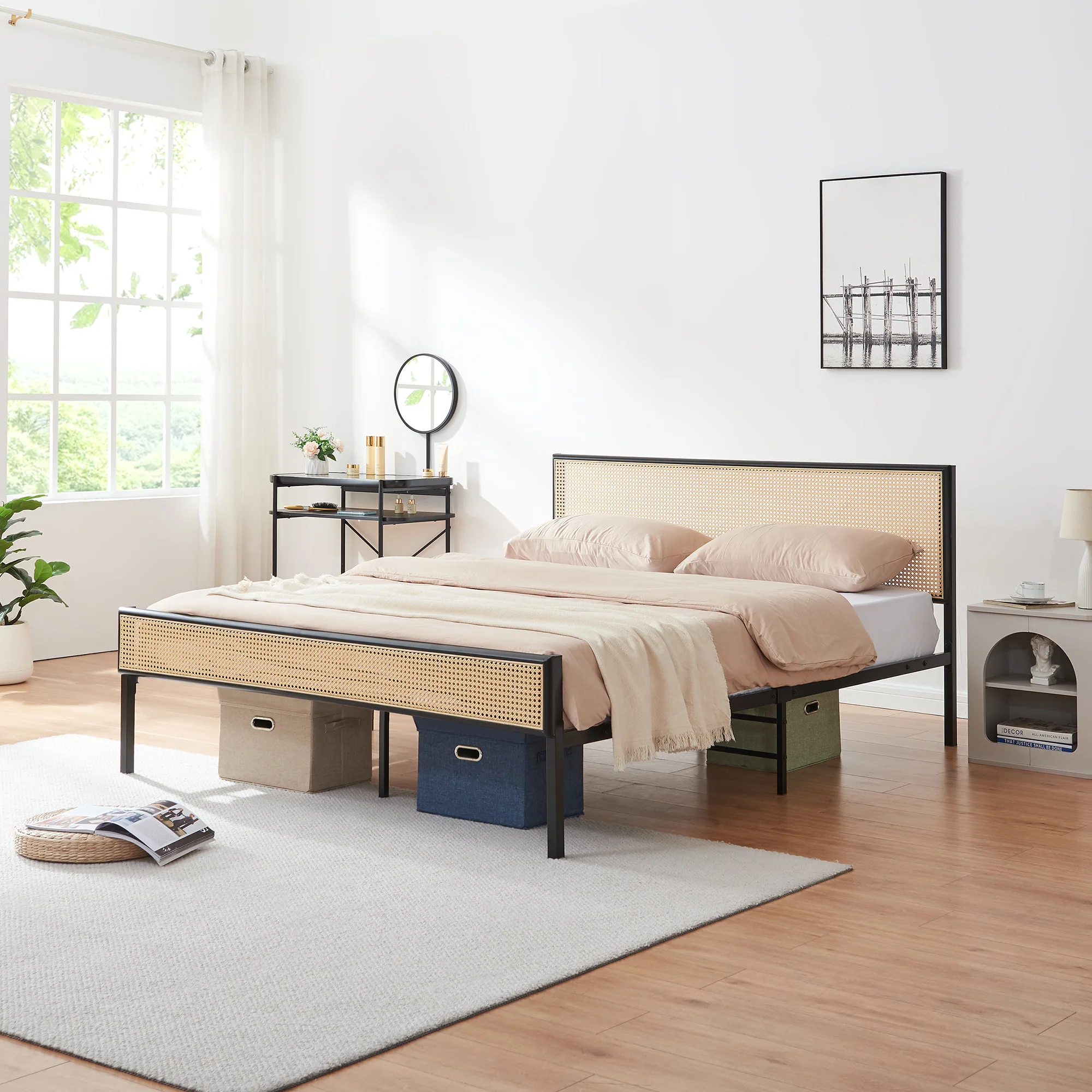 Metalen bed Linköping met rechthoekig hoofd- en voetbord zwart en rotan look [en.casa] - Image 3