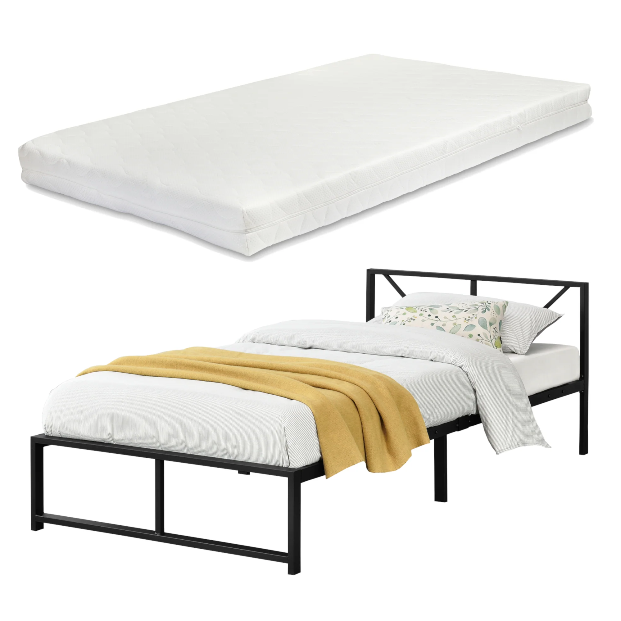 Metalen bed Meran bedframe met bedbodem en matras zwart - 3 maten
