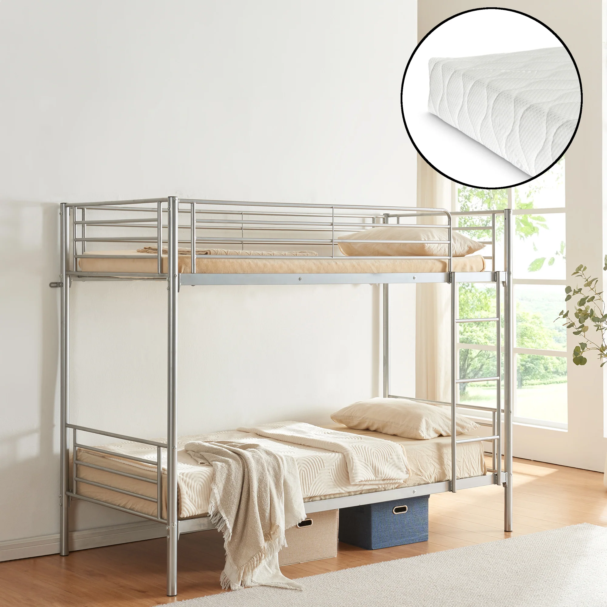 Stapelbed Soppsar met matrassen 90x200 cm zilverkleurig [en.casa] [neu.haus]