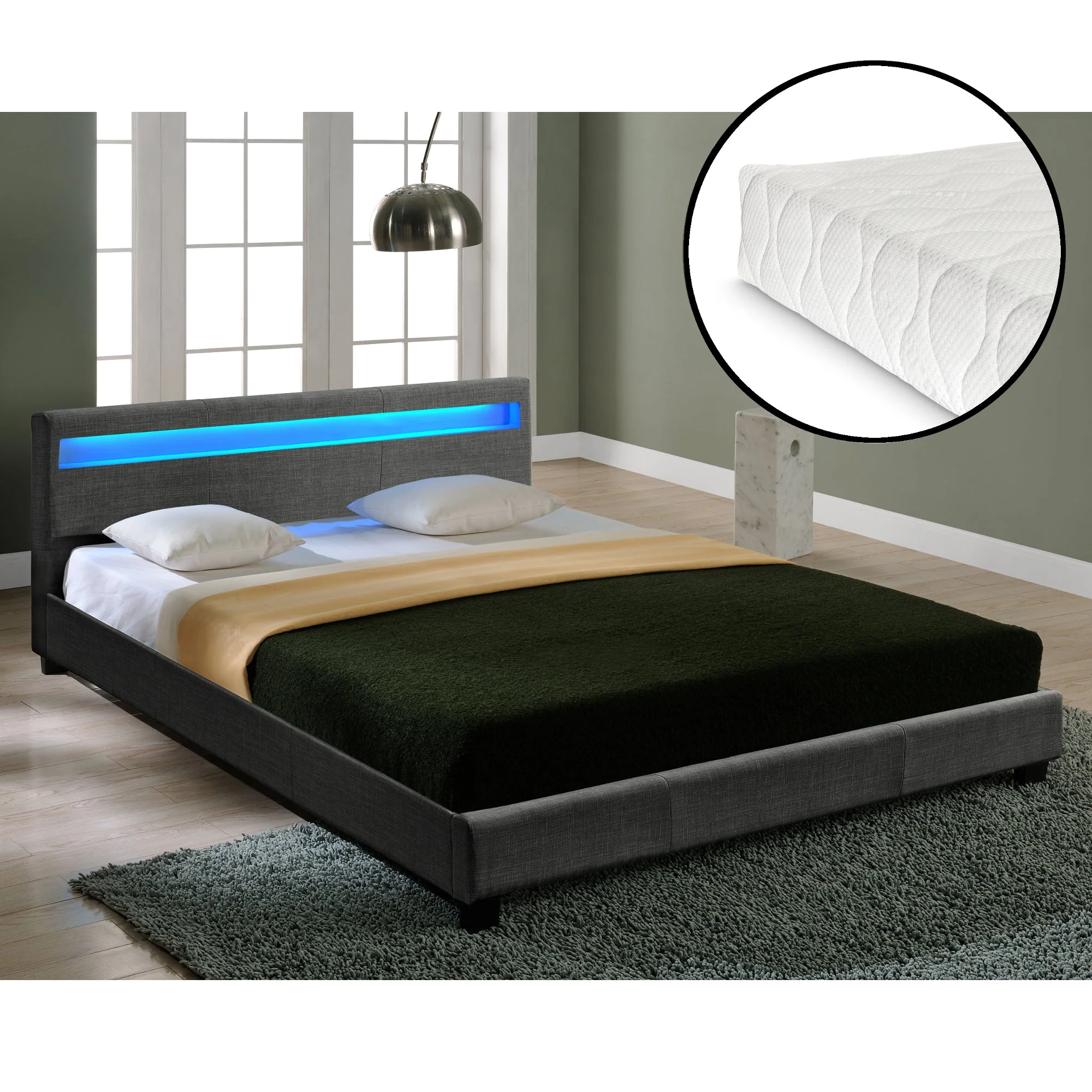Houten tweepersoonsbed stof donkergrijs met of zonder LED-verlichting en matras - 8 varianten - Image 10