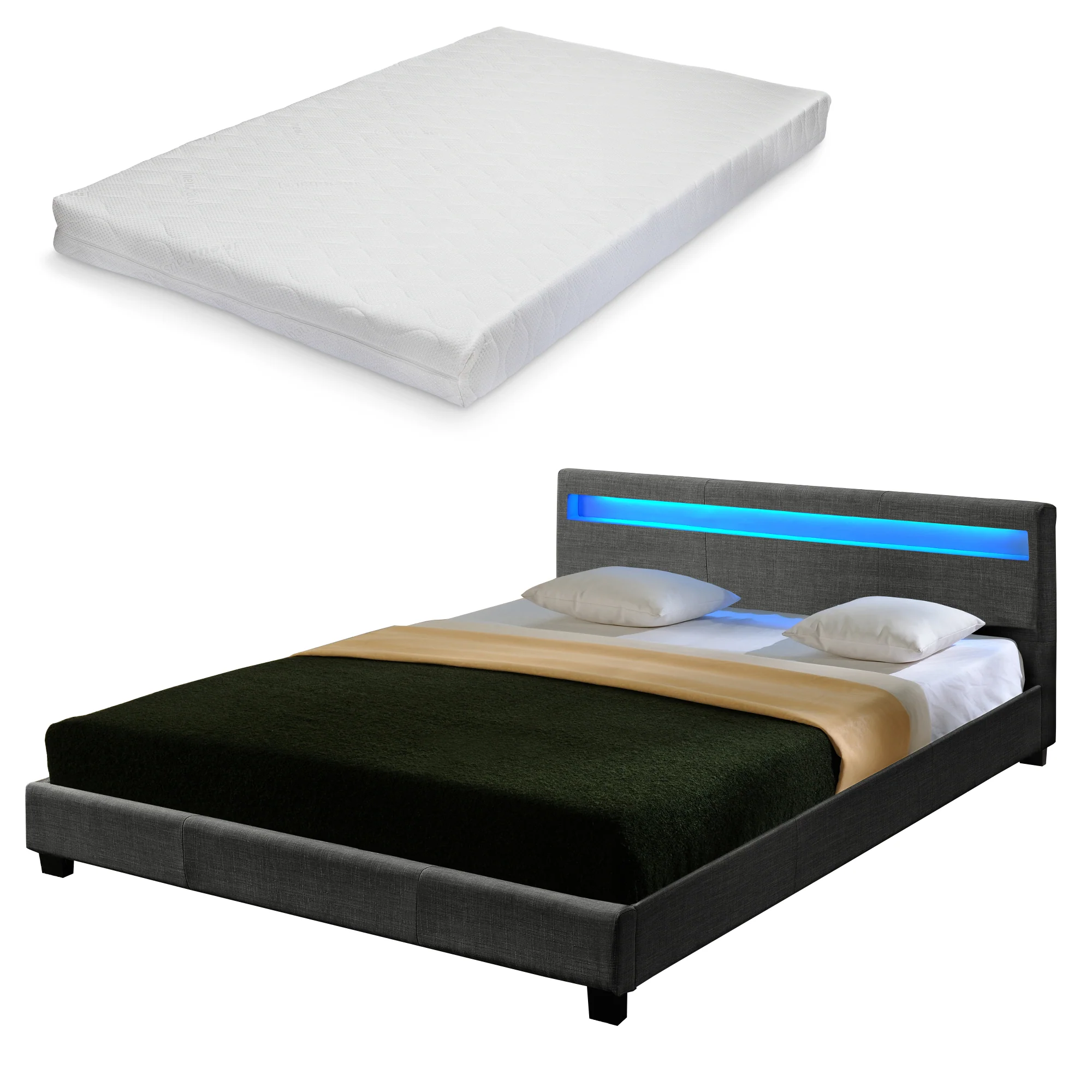 Houten tweepersoonsbed stof donkergrijs met of zonder LED-verlichting en matras - 8 varianten - Image 2