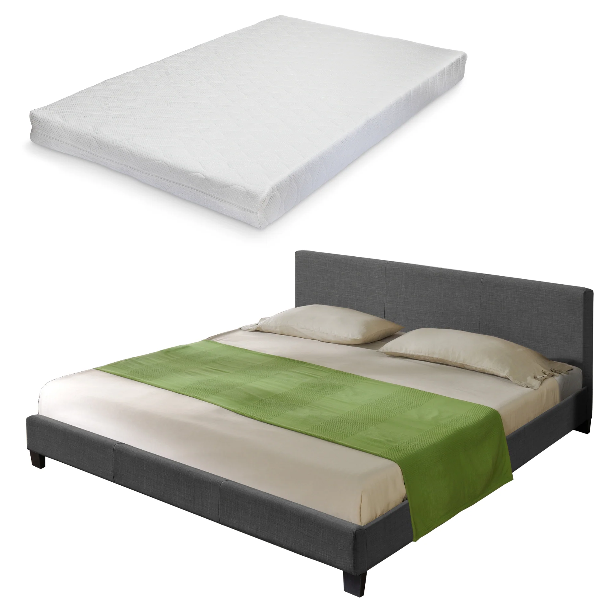Houten tweepersoonsbed stof donkergrijs met of zonder LED-verlichting en matras - 8 varianten - Image 4