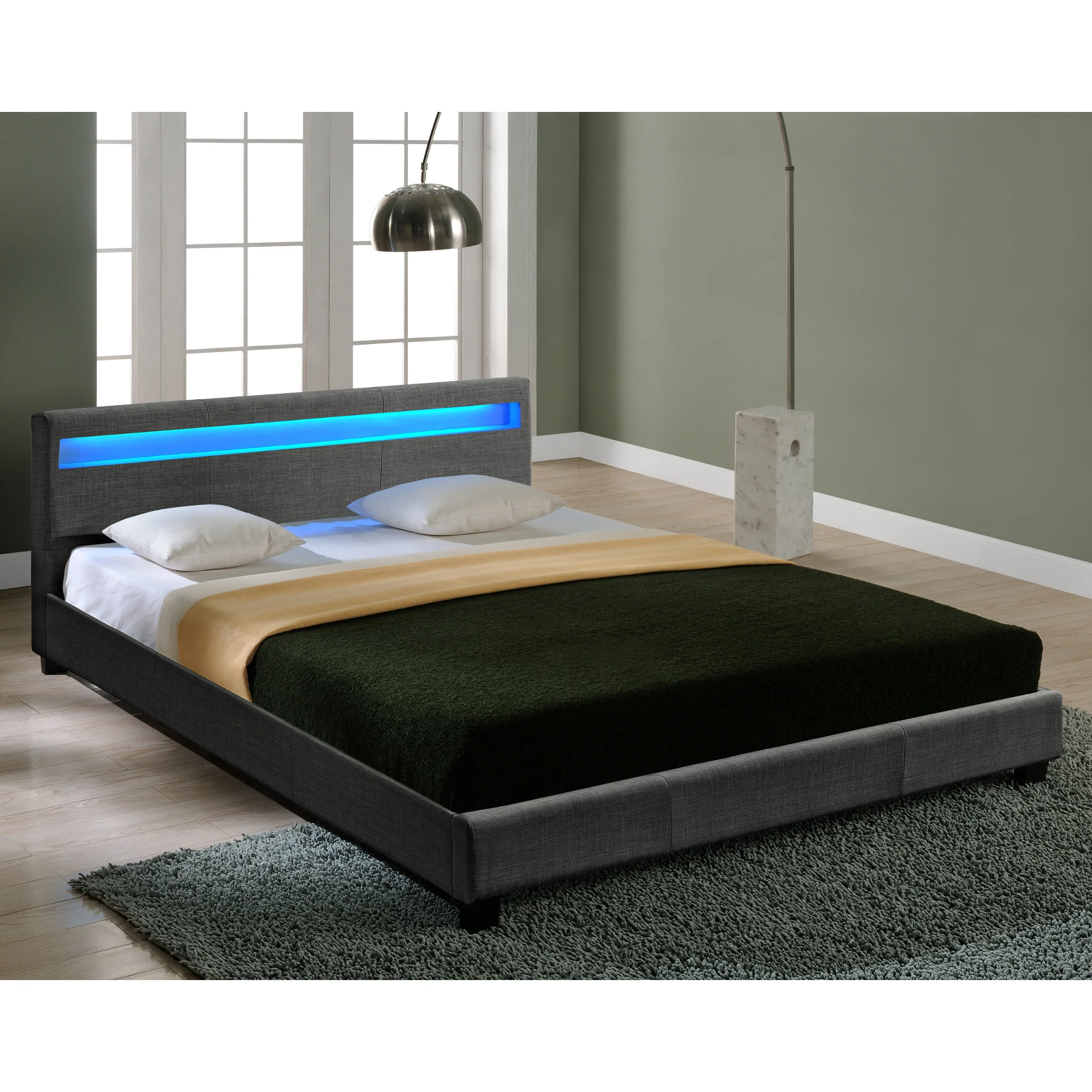 Houten tweepersoonsbed stof donkergrijs met of zonder LED-verlichting en matras - 8 varianten - Image 7