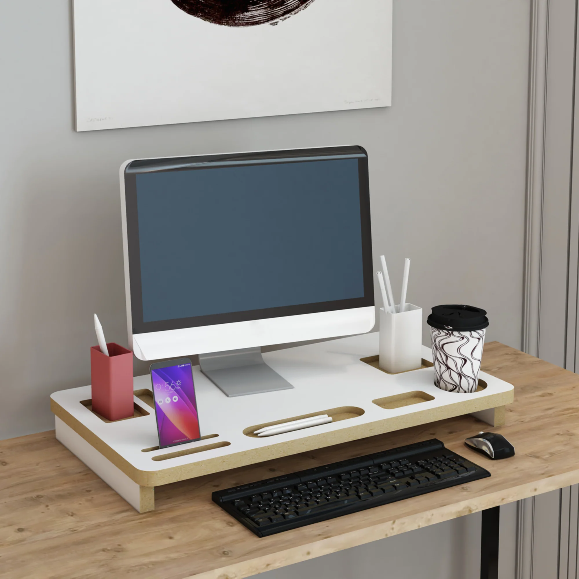 Monitorstandaard Tjele verhoger 7x54x30 cm wit en houtkleurig [en.casa]