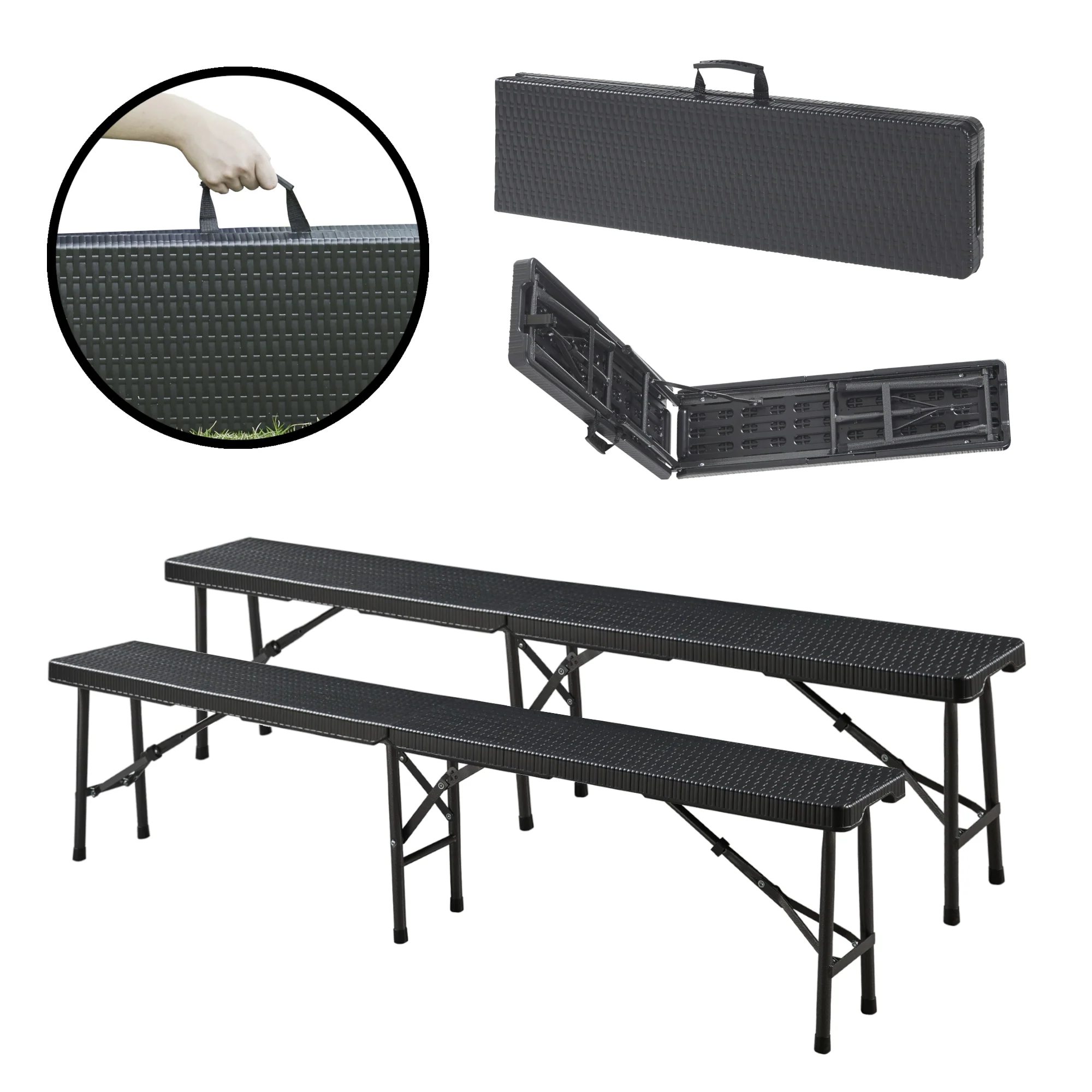 Tuinbank Mark set van 2 opvouwbaar 180x25x43 cm rotan look zwart [en.casa]