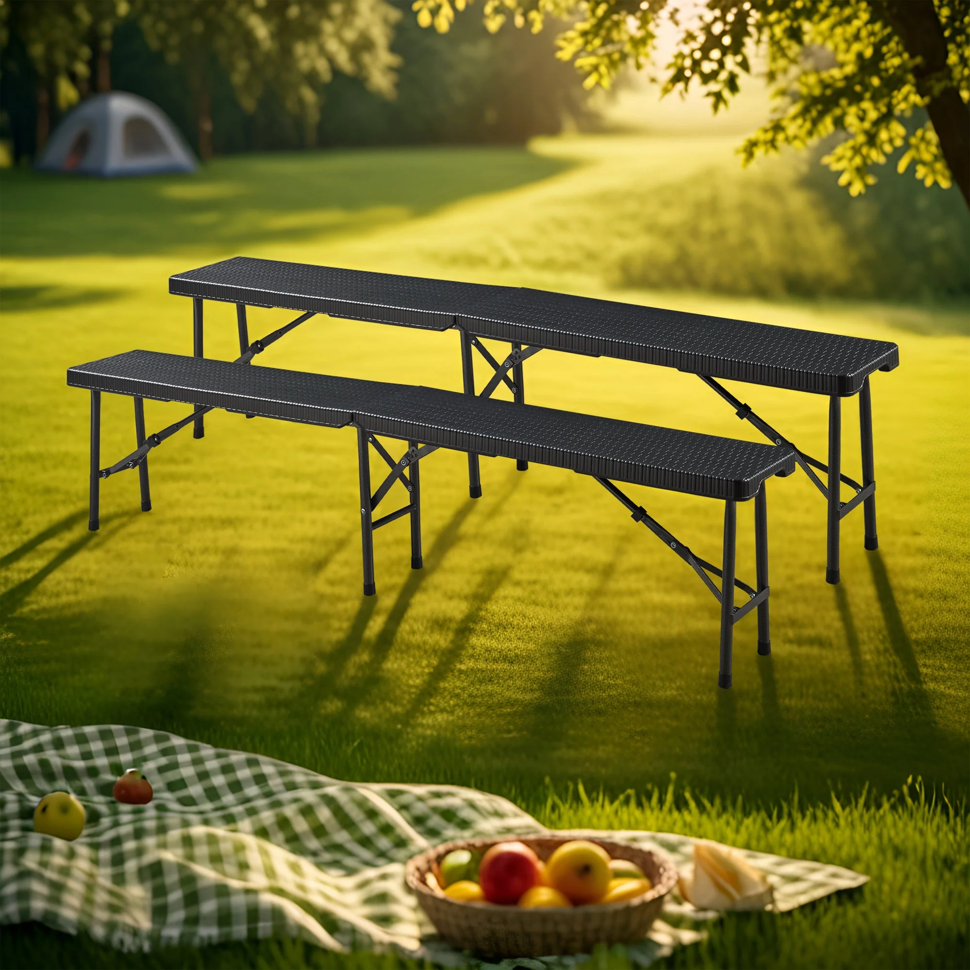 Tuinbank Mark set van 2 opvouwbaar 180x25x43 cm rotan look zwart [en.casa] - Image 2
