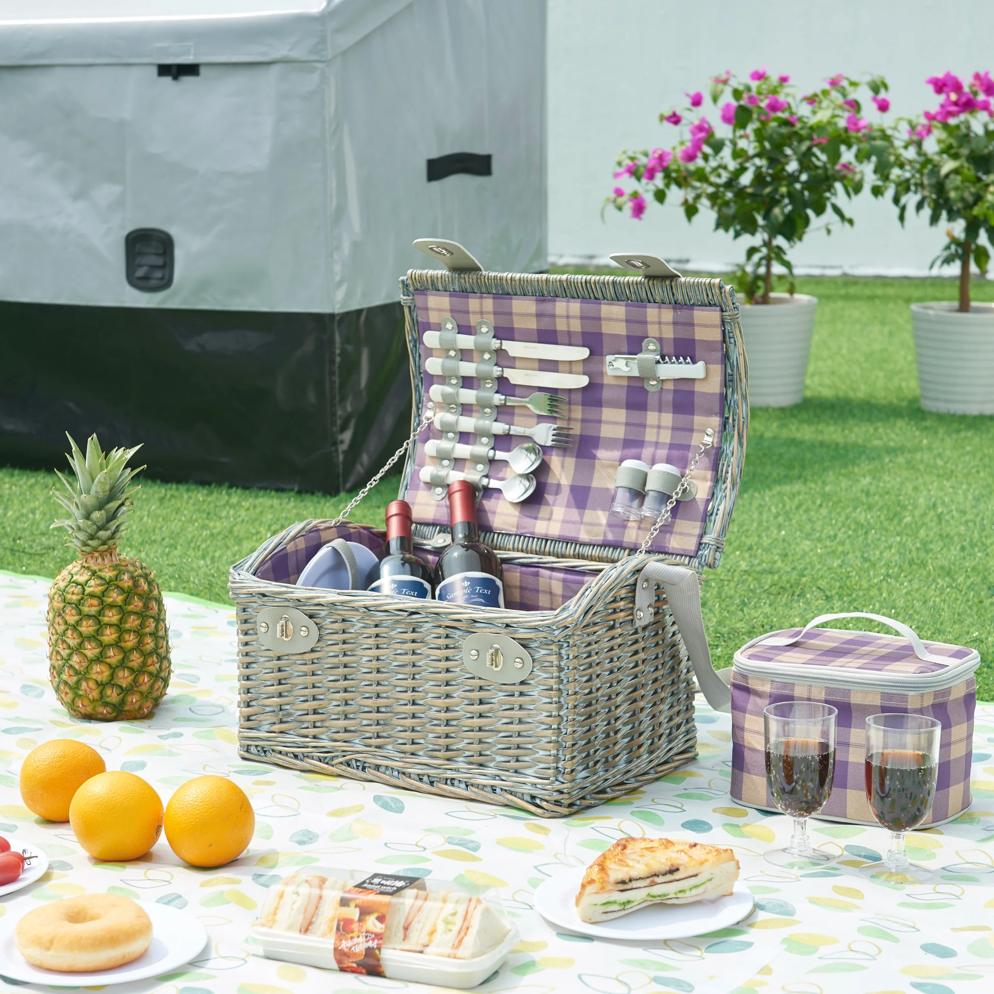 Picknickmand Folldal voor 2 personen incl. inhoud 40x28x25 cm grijs paars en beige casa.pro