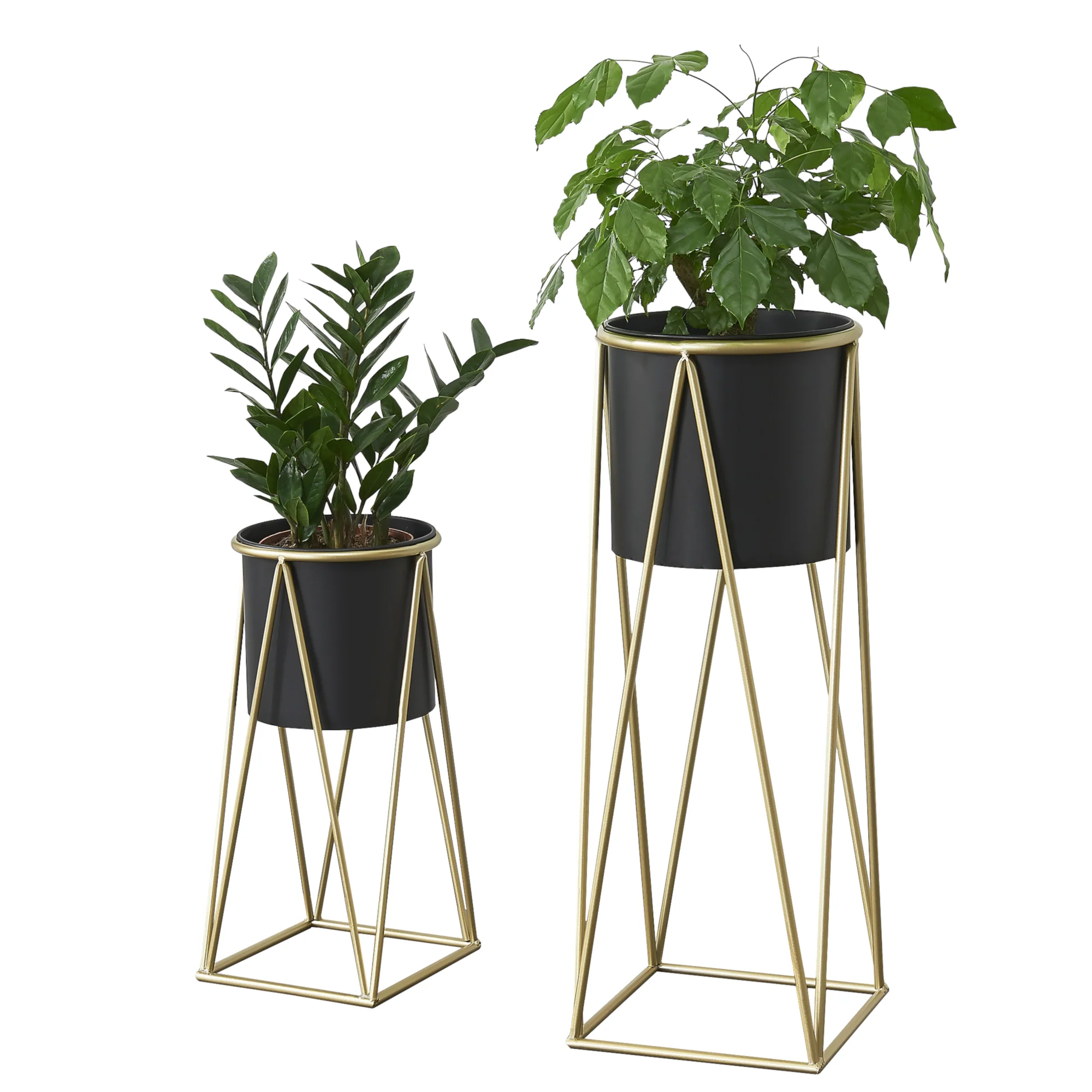 Bloempot op standaard set van 2 zwart en messing
