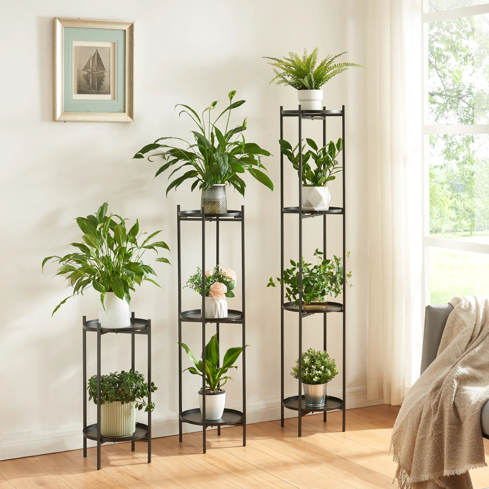 Plantenstandaard Tuusula set van 3 zwart [en.casa]