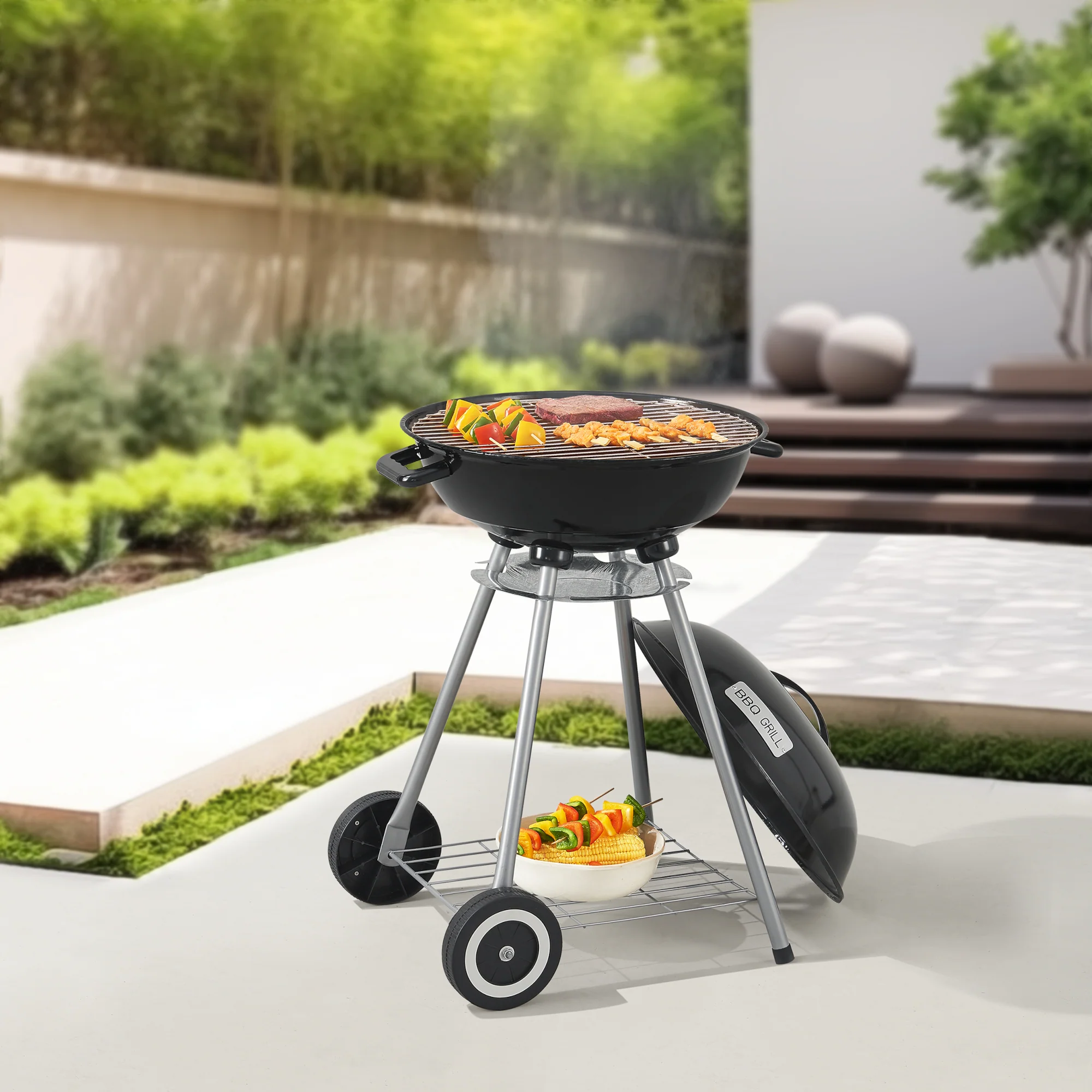 Houtskool BBQ Apricena rond met deksel 80x49x47 cm zwart casa.pro