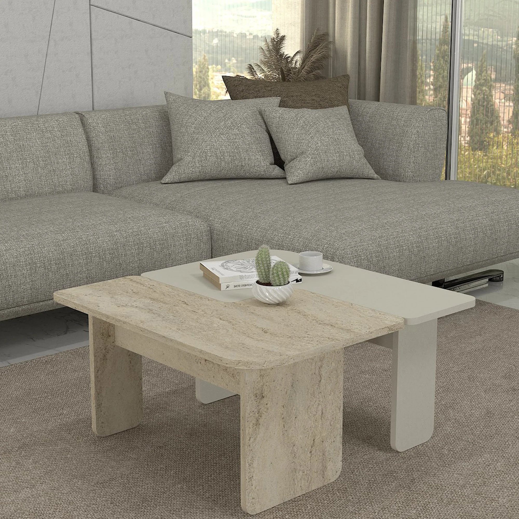 Salontafel Boneksbelt 2-delig travertijn en zandsteen 75x75x38 cm [en.casa] 