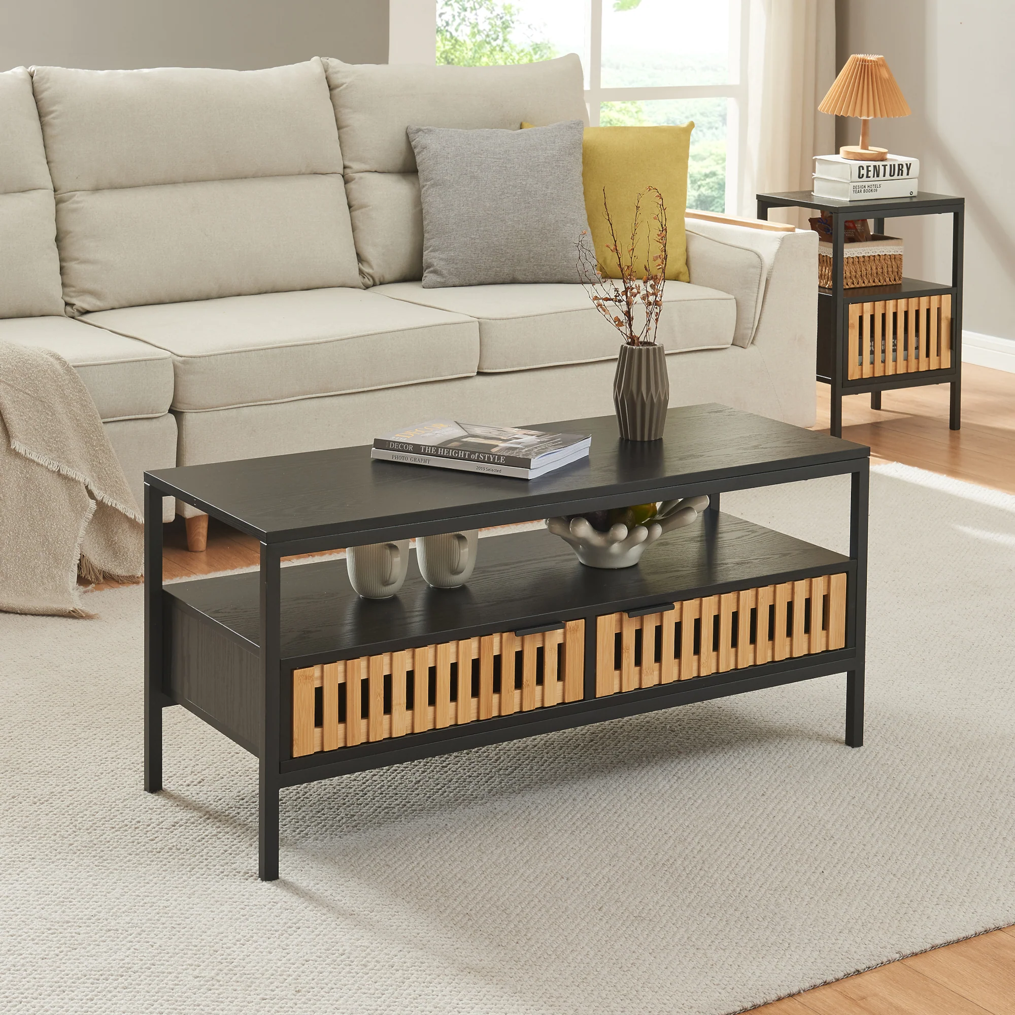 Salontafel Luniehti zwart en naturel 100x40x48 cm [en.casa]