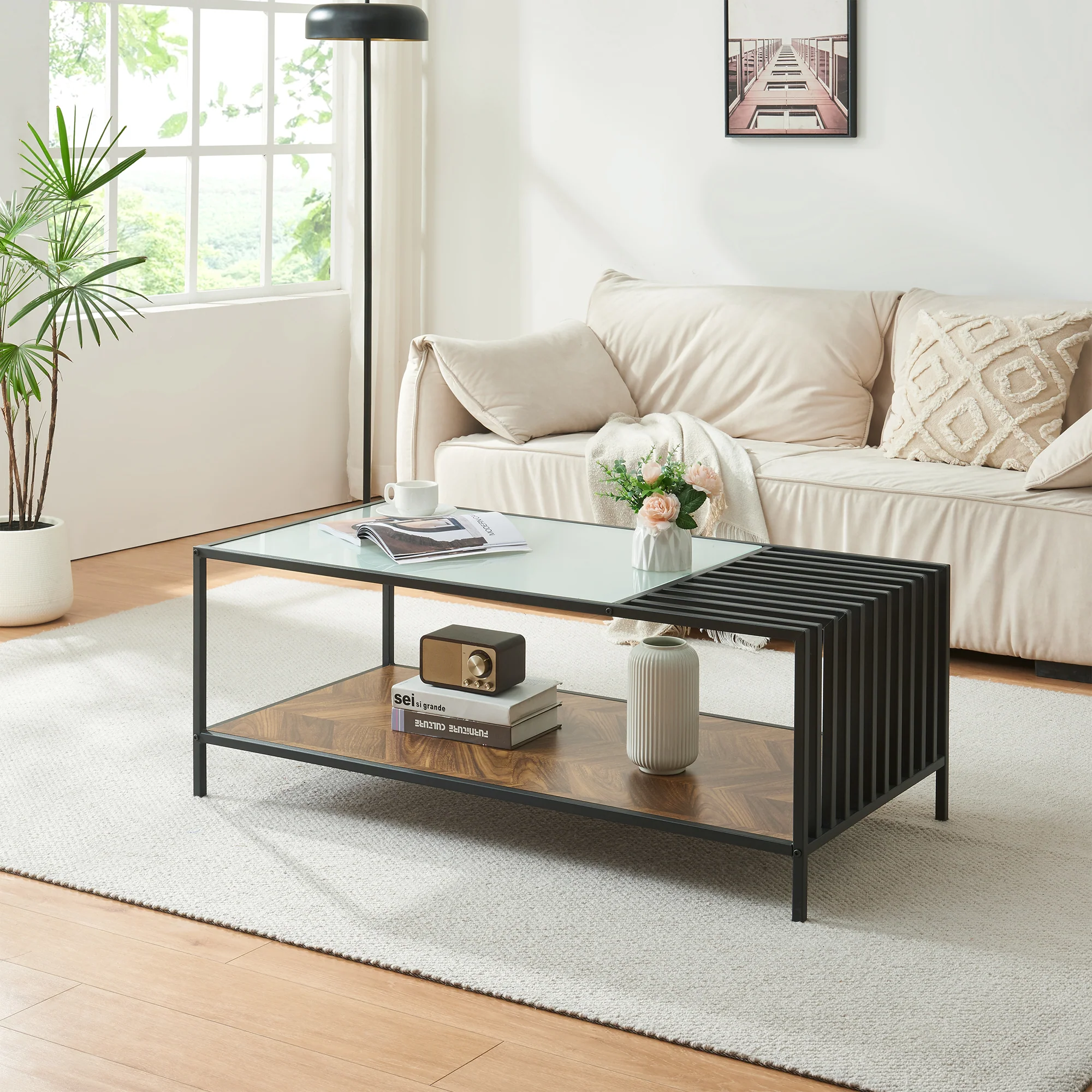 Salontafel Pärghos rechthoekig met glazen blad en opbergruimte [en.casa]