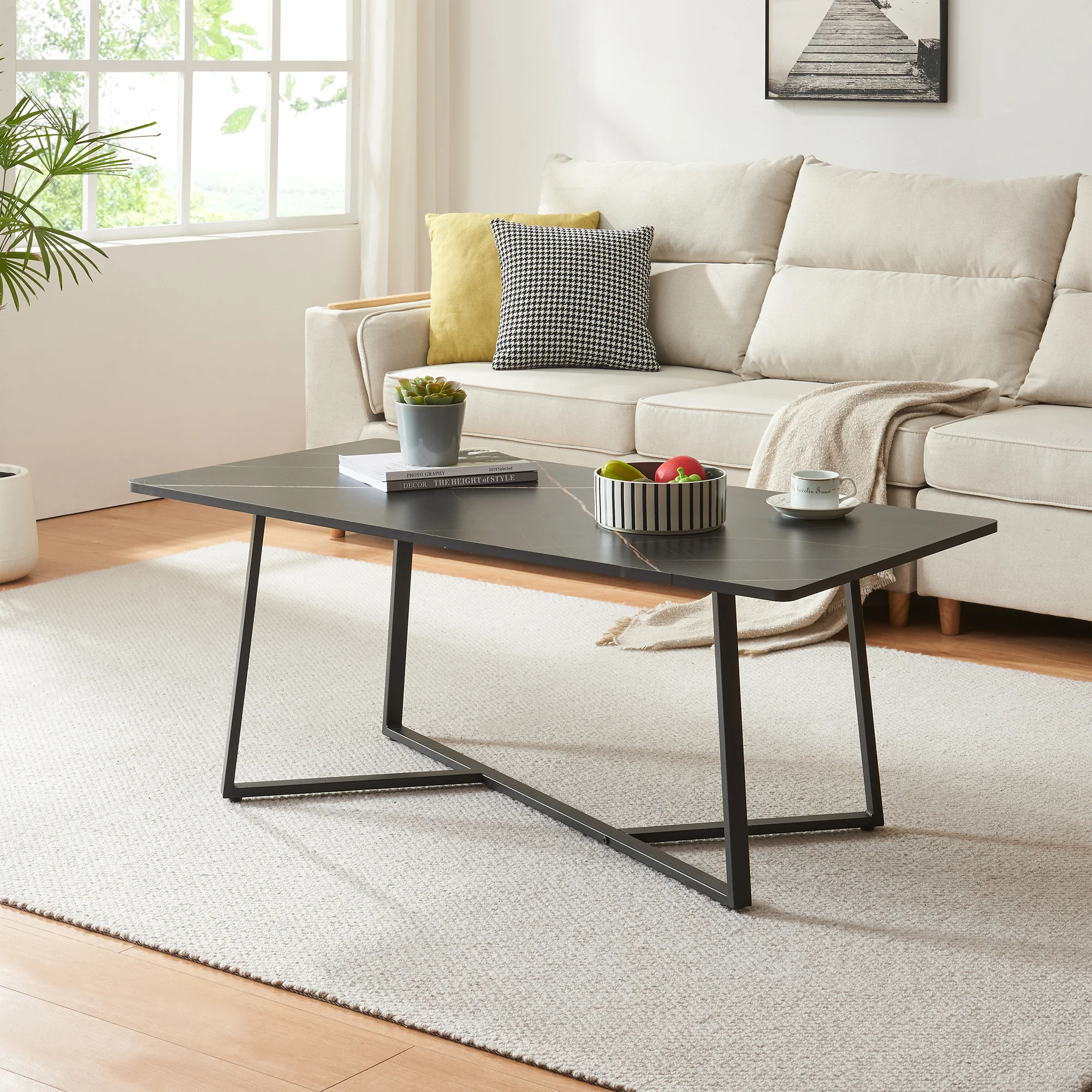 Salontafel Riskiften marmerlook zwart en zwart 120x60x48 cm [en.casa]