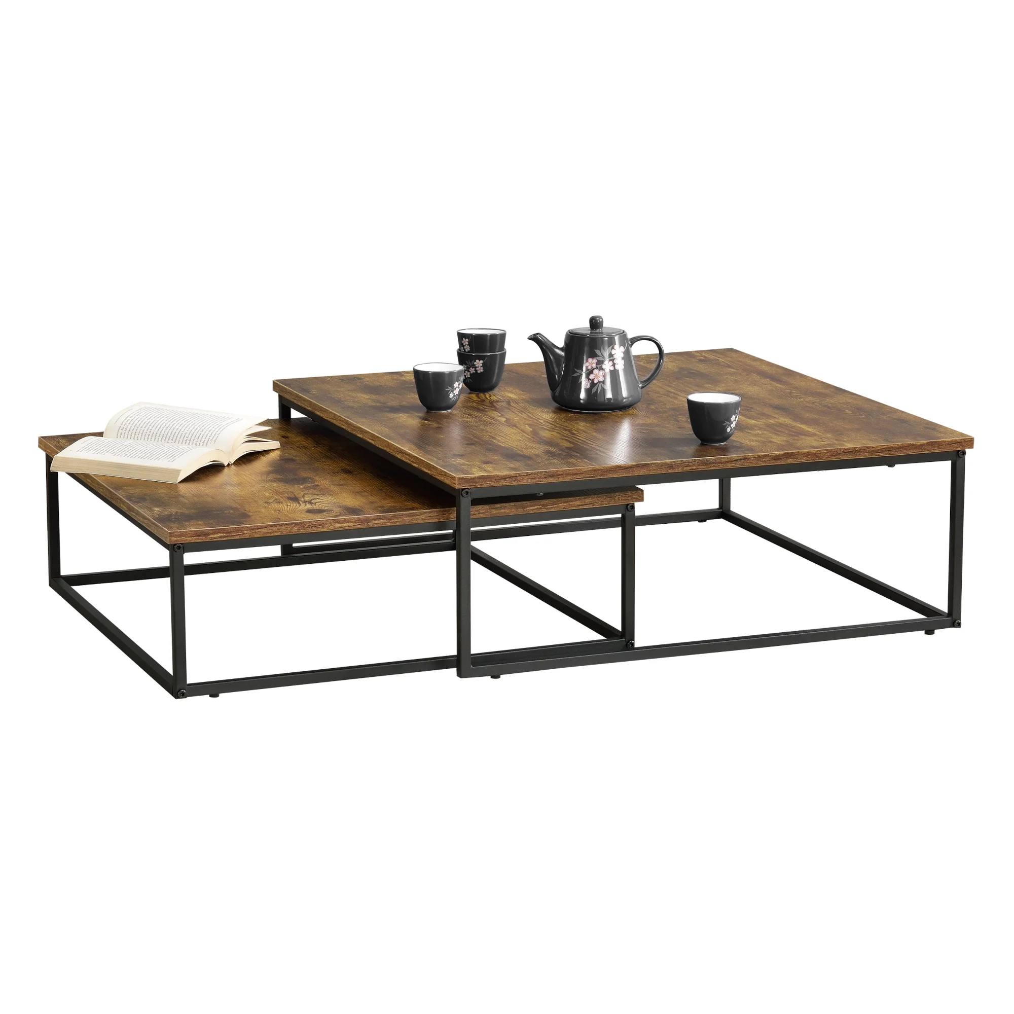 [en.casa] Salontafel Haninge set van 2 zwart en houtkleurig