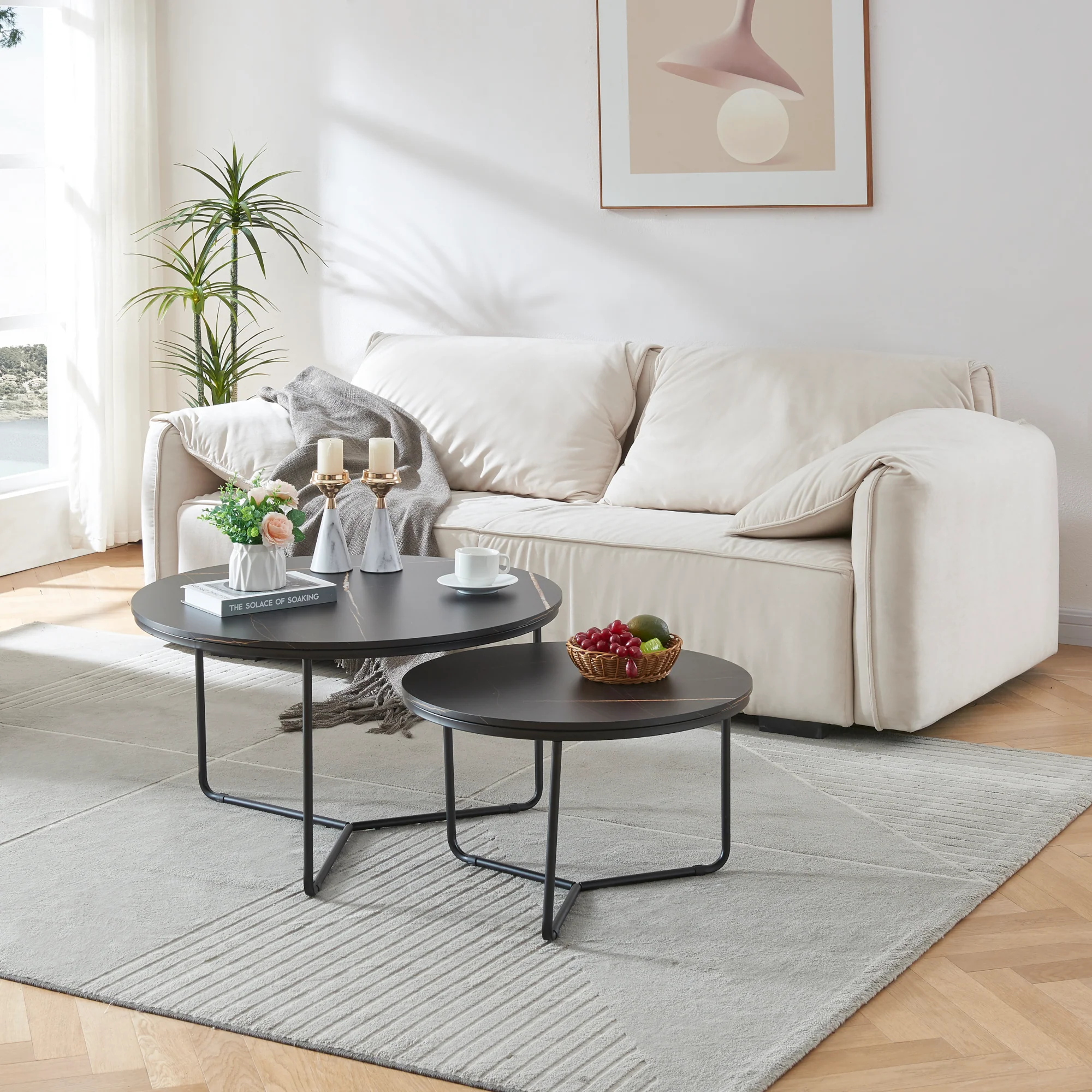[en.casa] Salontafel Poxdorf set van 2 rond marmer zwart en zwart