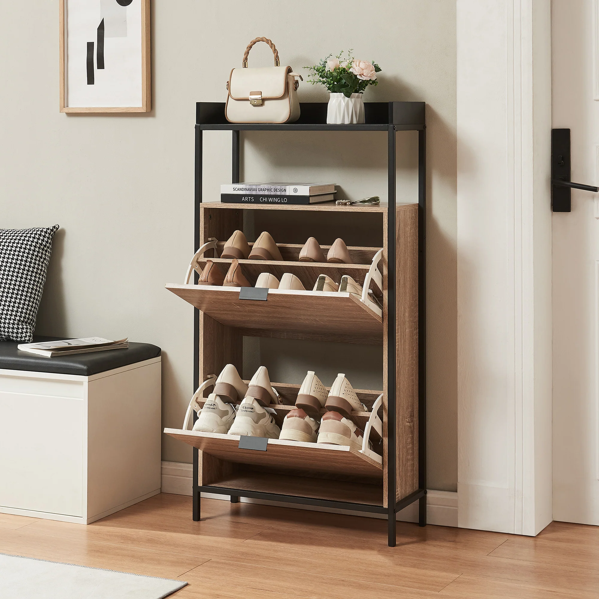 Schoenkast Belana 116x60x24 cm zwart en eikenkleurig [en.casa]