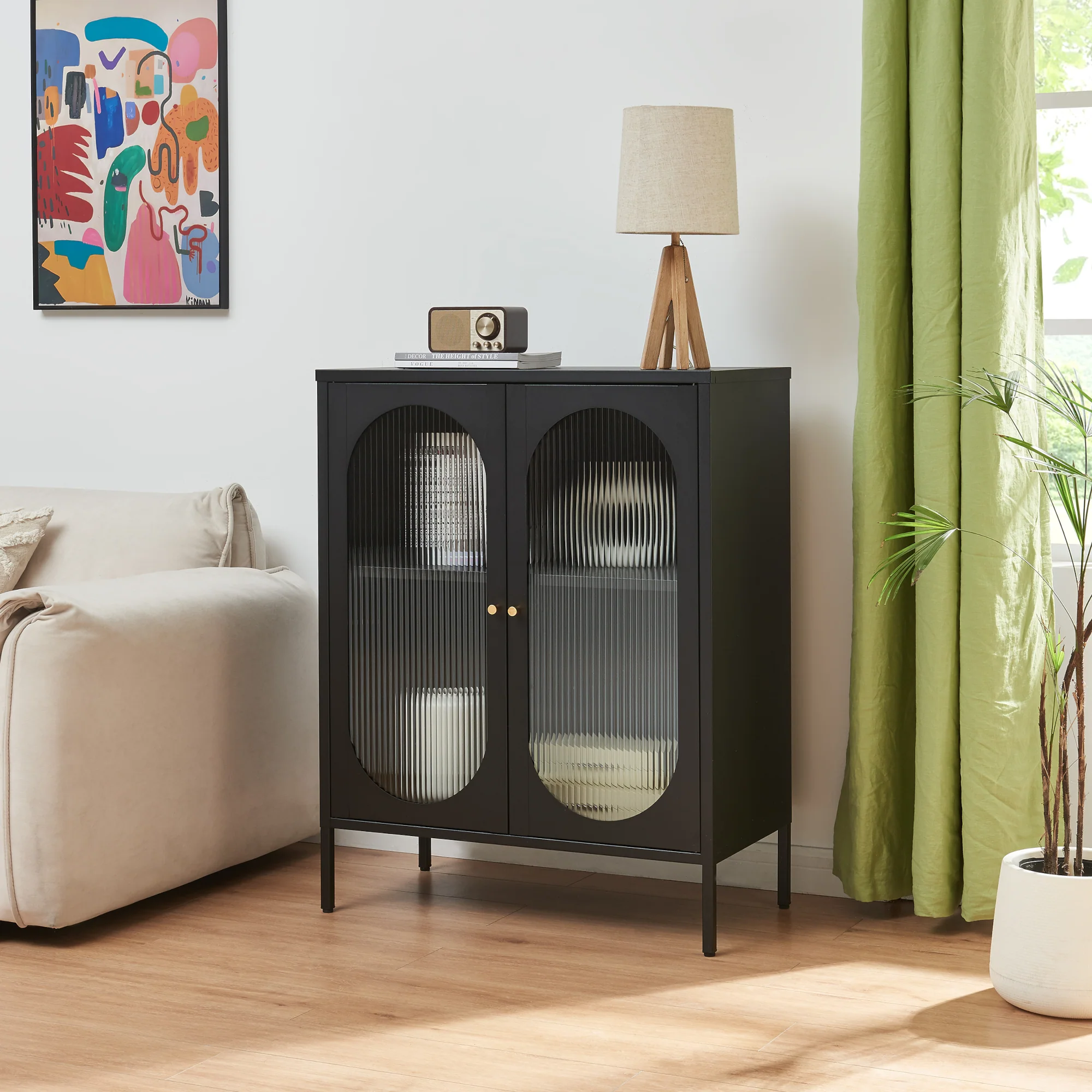 Dressoir Karlskrona metaal met geribbeld glas zwart 101x80x40 cm [en.casa]