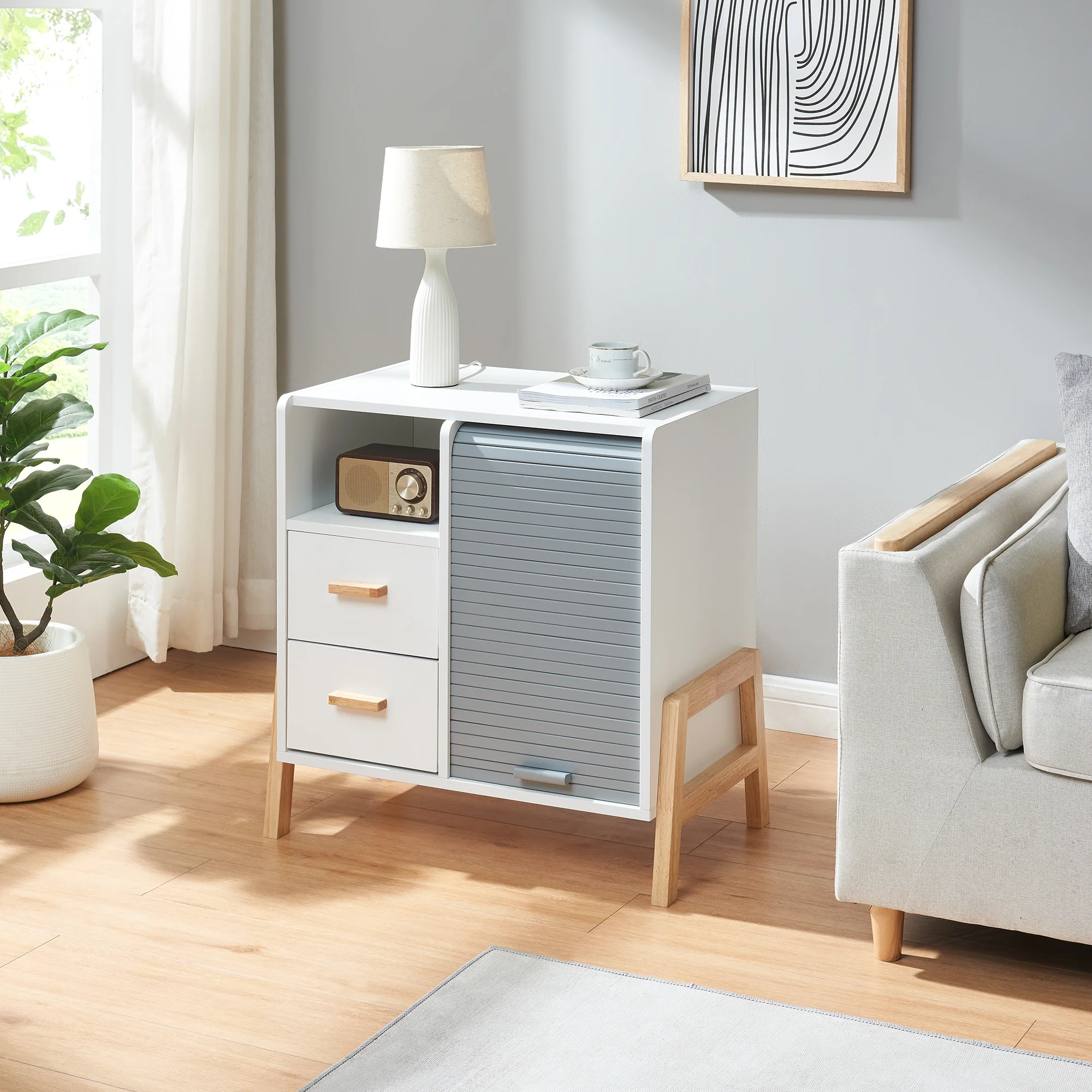 Dressoir Kvaefjord kast met jaloeziedeuren en lades wit grijs en naturel [en.casa] - Image 2