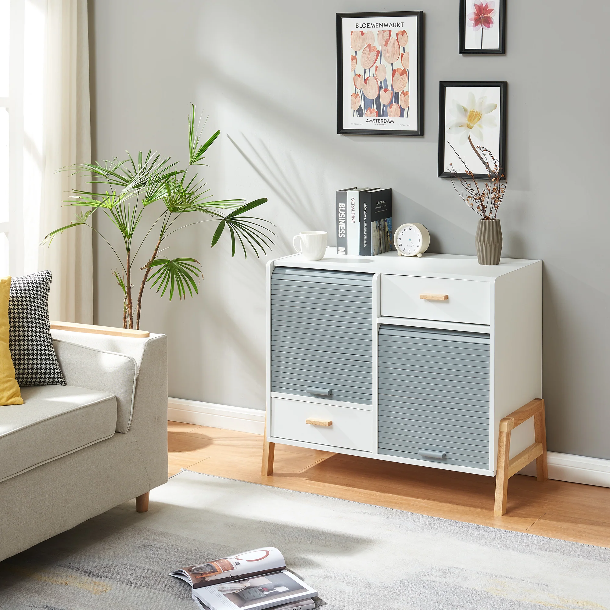 Dressoir Kvaefjord kast met jaloeziedeuren en lades wit grijs en naturel [en.casa] - Image 3