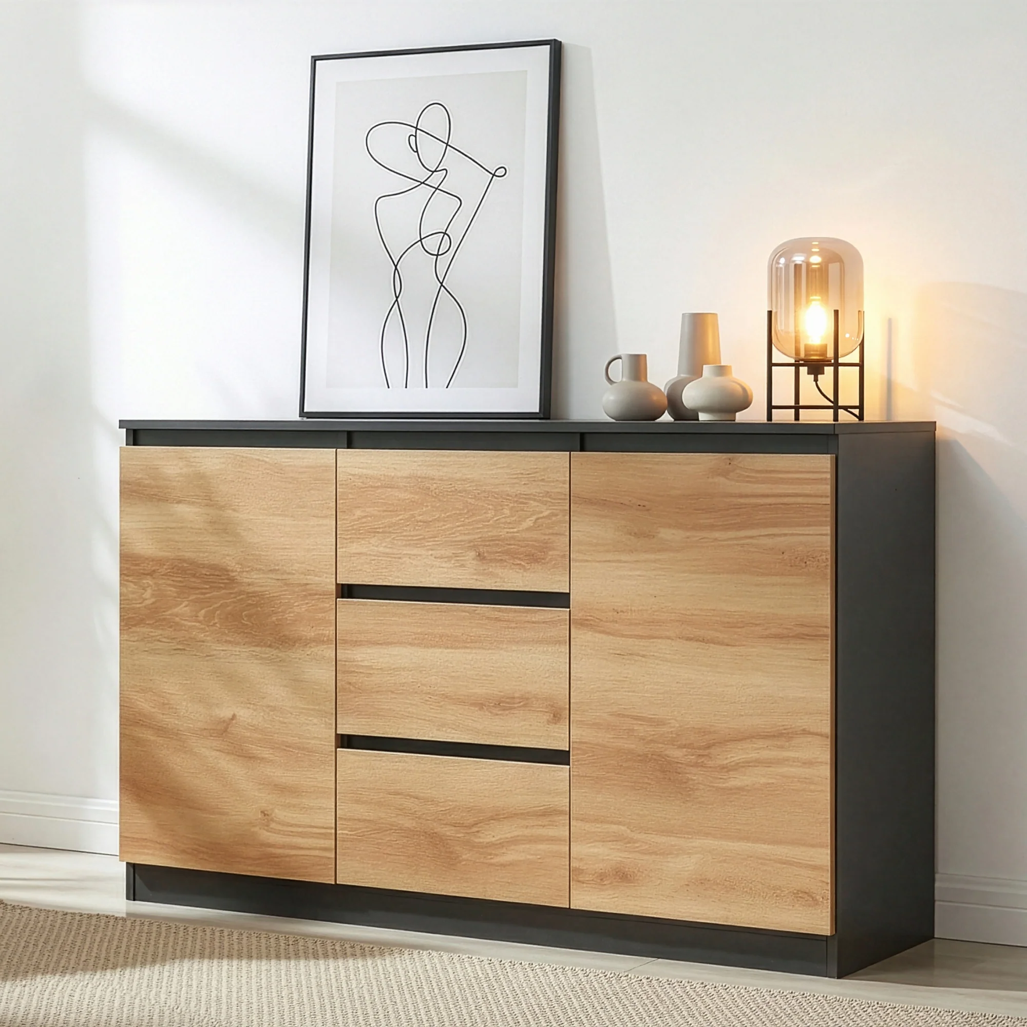 Commode Kyr met deuren en lades zwart en eikenkleurig [en.casa]