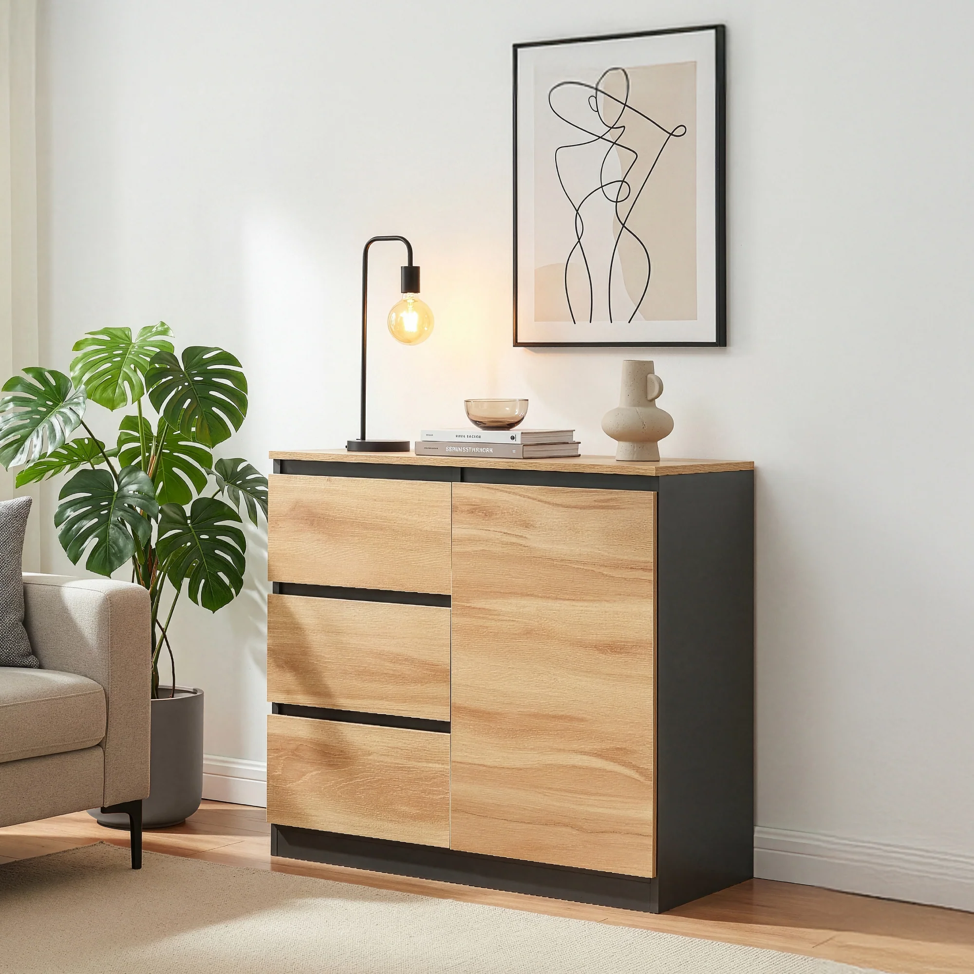 Commode Kyr met deuren en lades zwart en eikenkleurig [en.casa] - Image 3