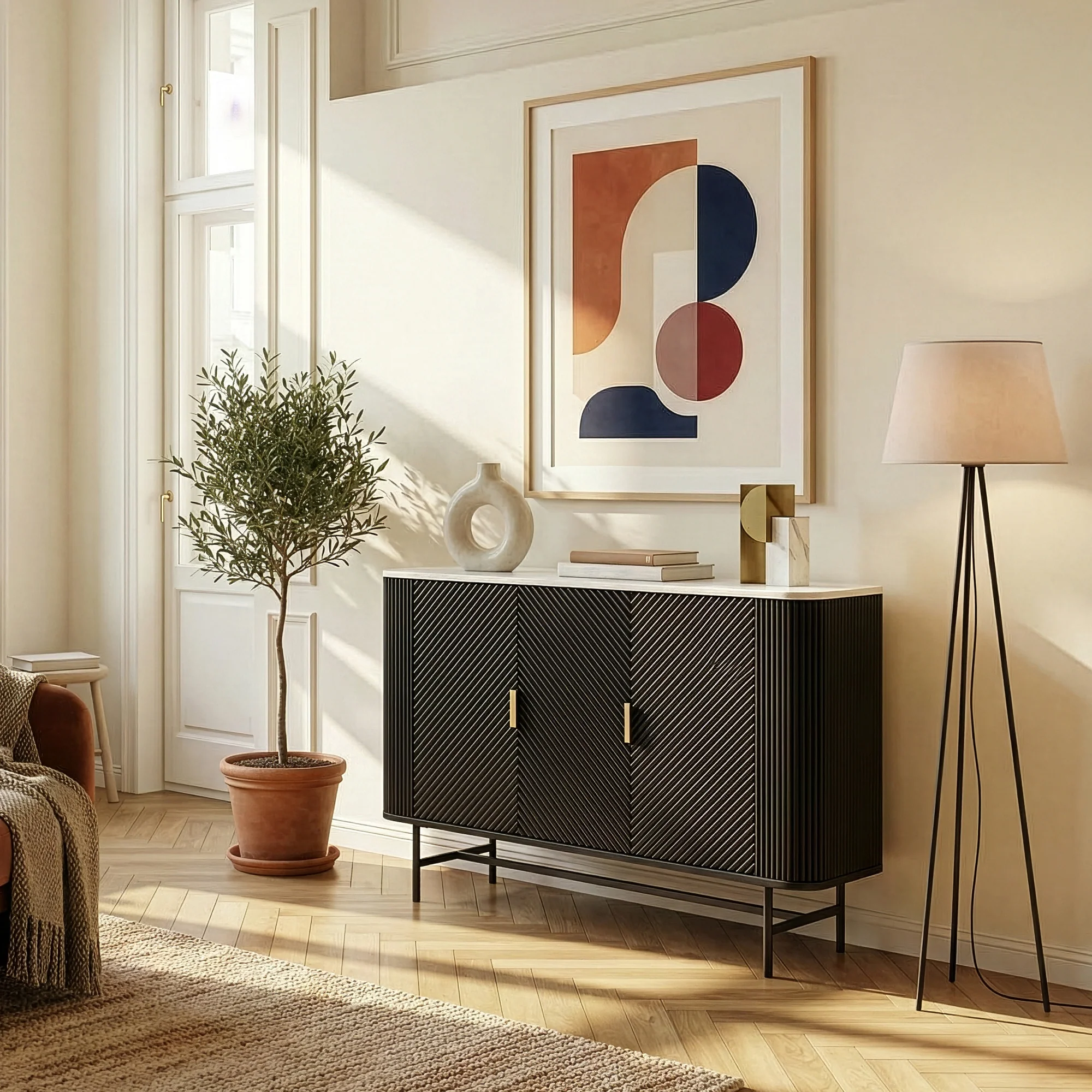 Dressoir Olvehok 110x40x77 cm marmerlook wit en zwart [en.casa] 