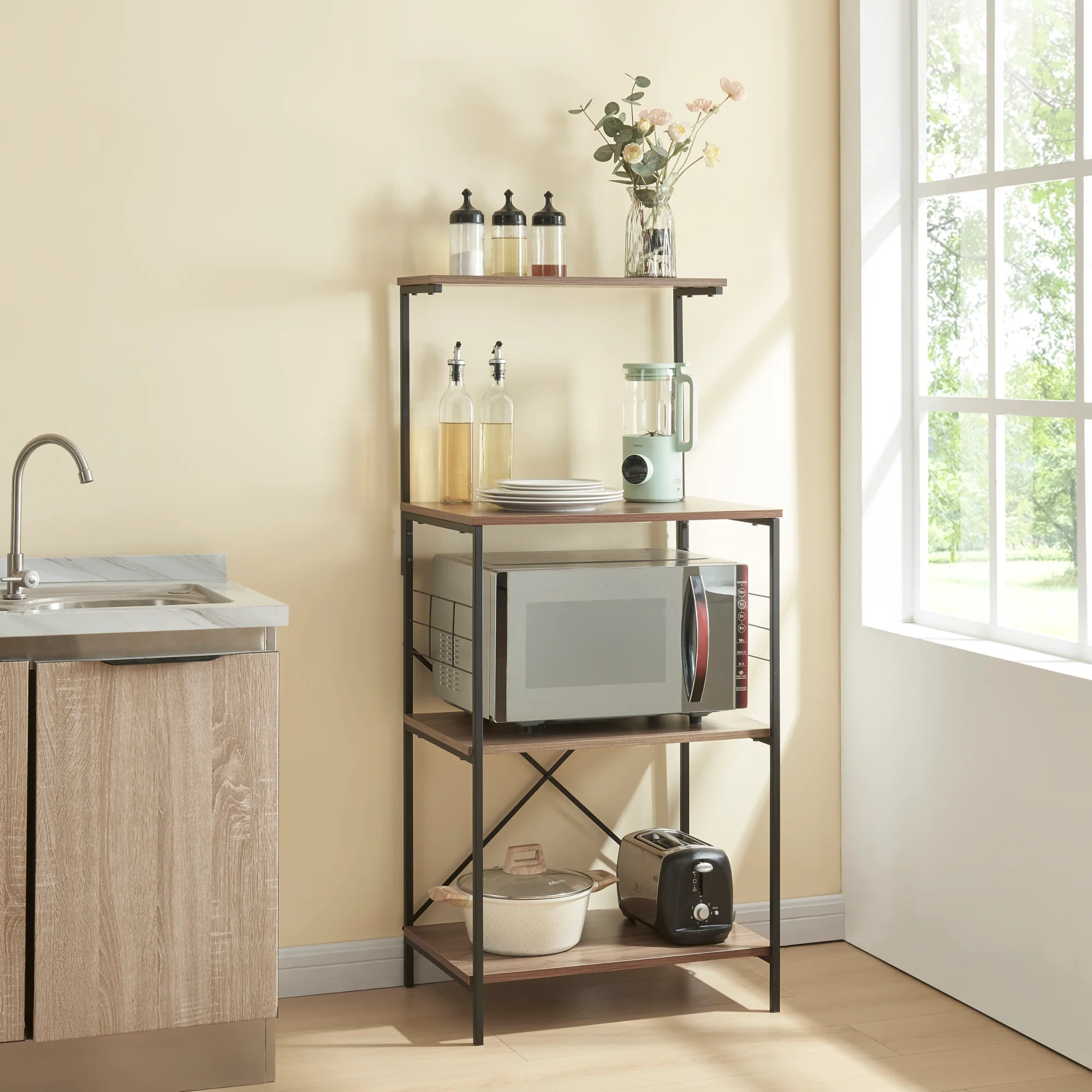 [en.casa] Staand rek Billund 133x60x42cm zwart en walnootkleurig