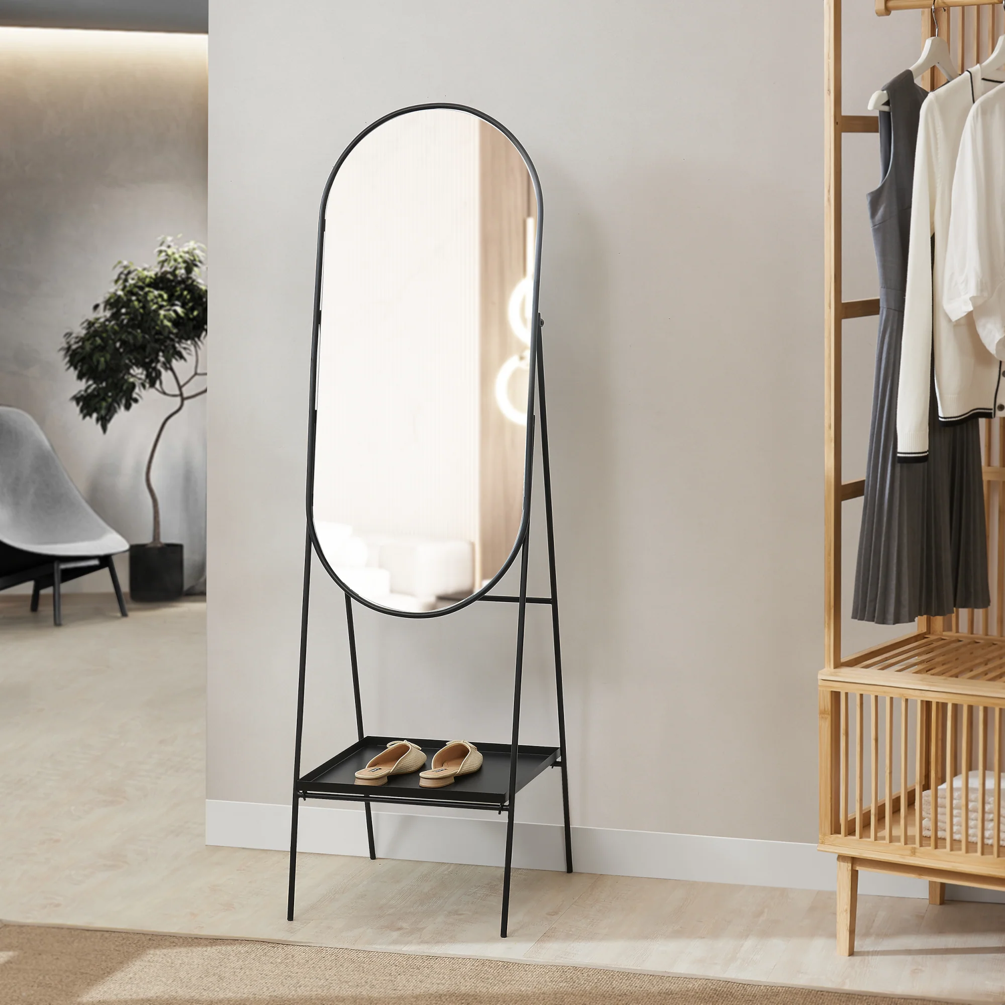 [en.casa] Spiegel vrijstaand Perano met plank 160x46x50 cm zwart