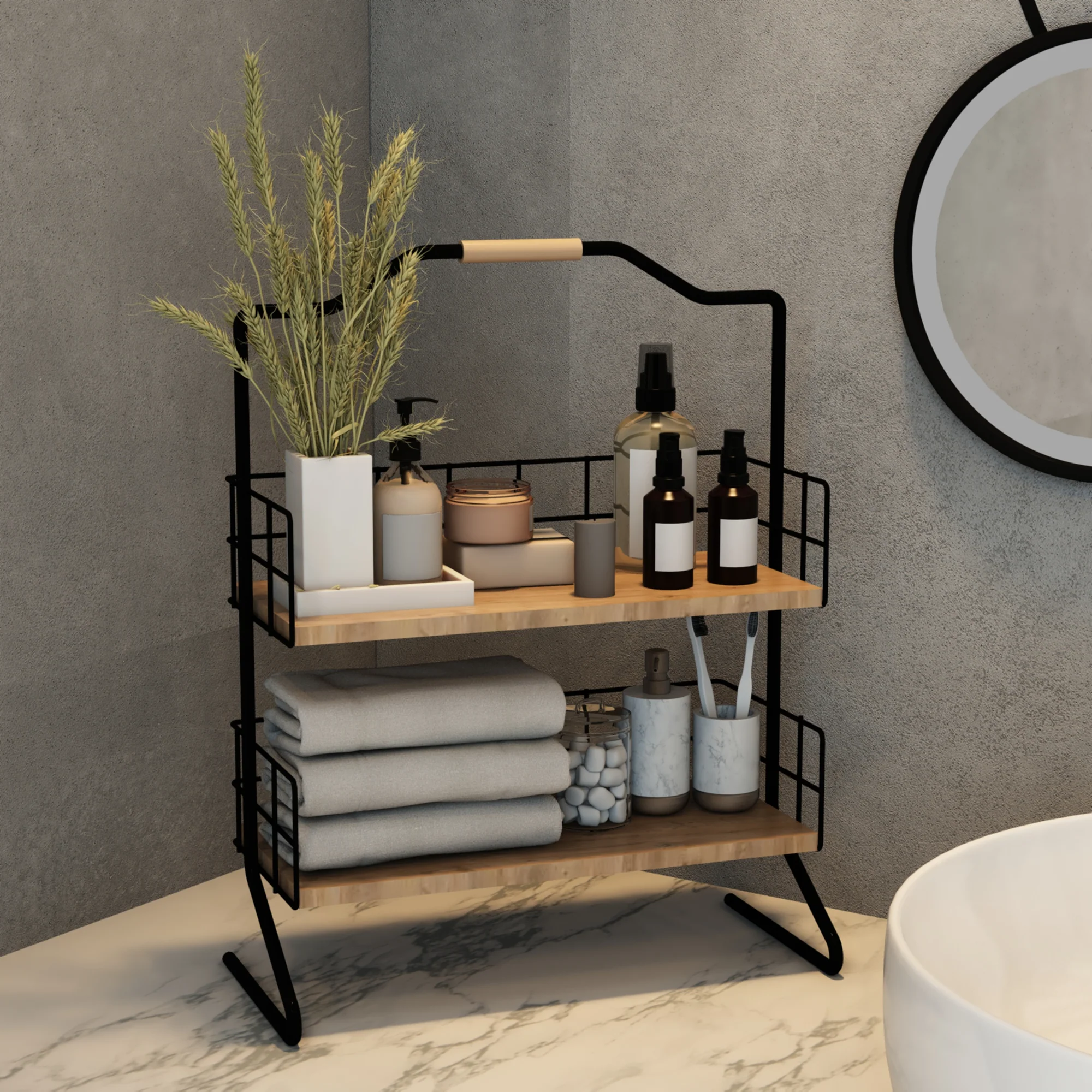 [en.casa] Badkamer organizer Sallingsund 41,5x32x15 cm zwart en houtkleurig