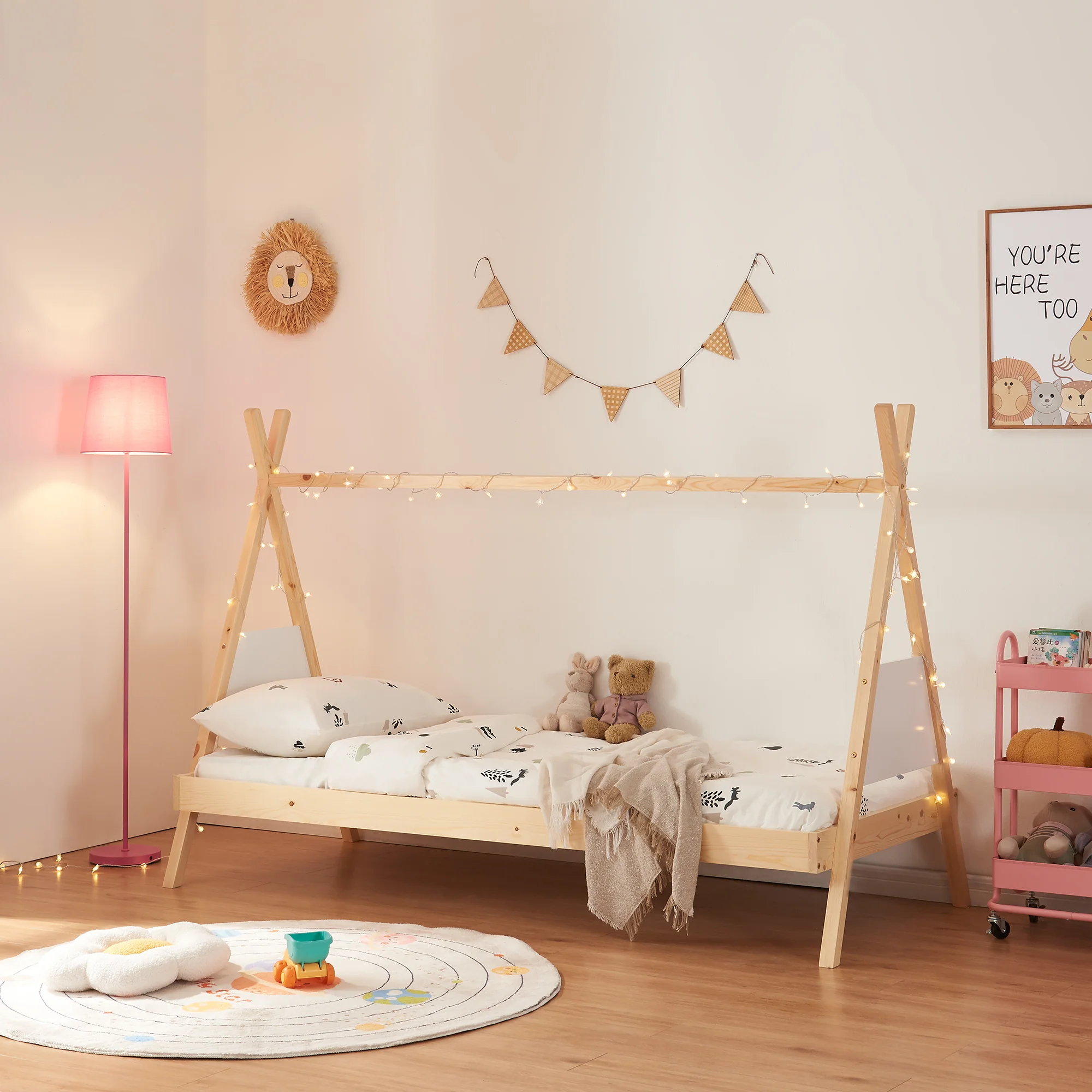 Kinderbed Siikajoki Tipi hoog uitvoering 90x200 cm naturel en wit [en.casa]