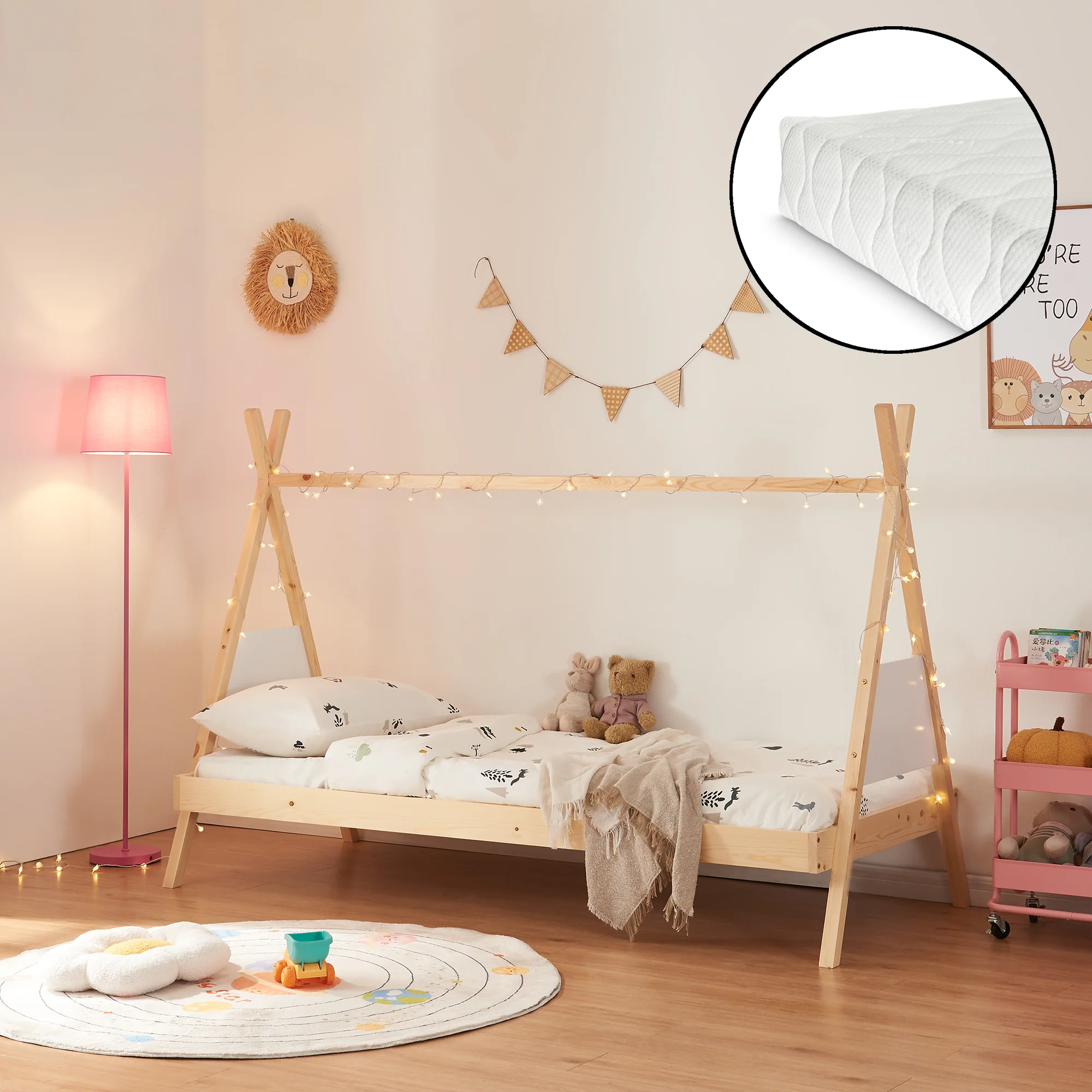 Kinderbed Siikajoki Tipi hoog uitvoering met matras 90x200 cm naturel en wit [en.casa]
