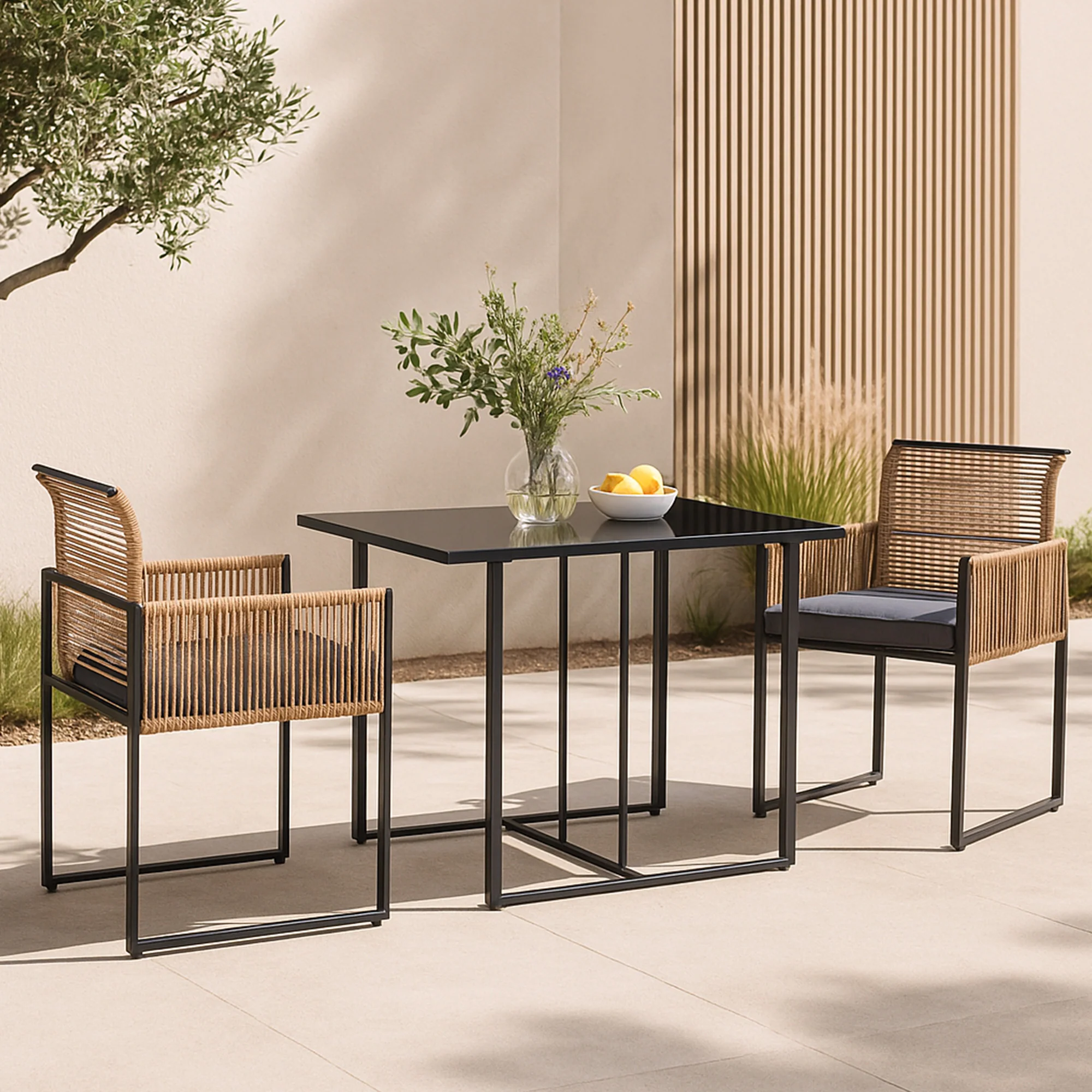 Tuinset Accadia 3-delig glazen tafel met 2 stoelen zwart bruin en grijs casa.pro - Image 2