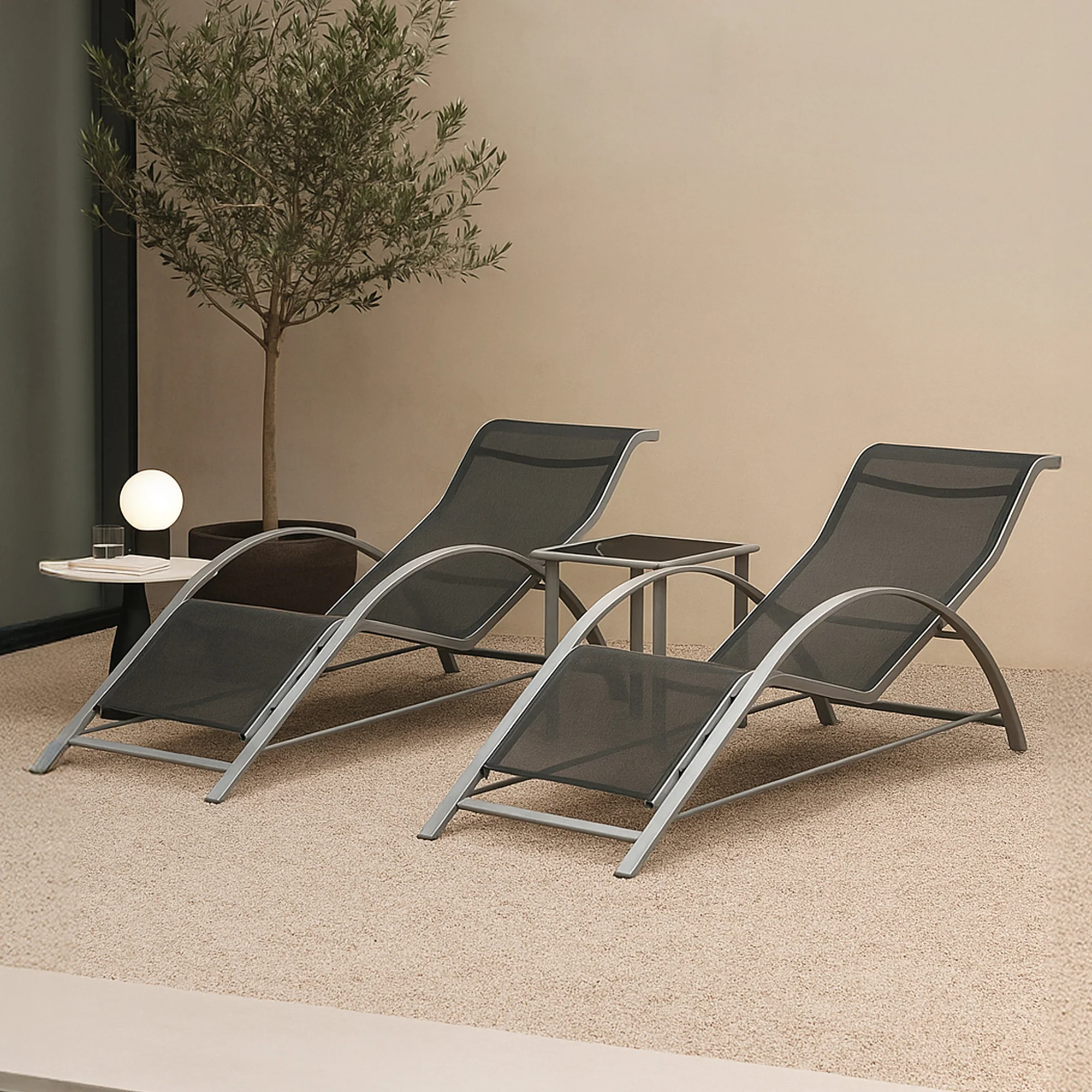 Tuinset Binetto 3-delig loungeset 2 ligbedden met tafel grijs en zwart [en.casa]