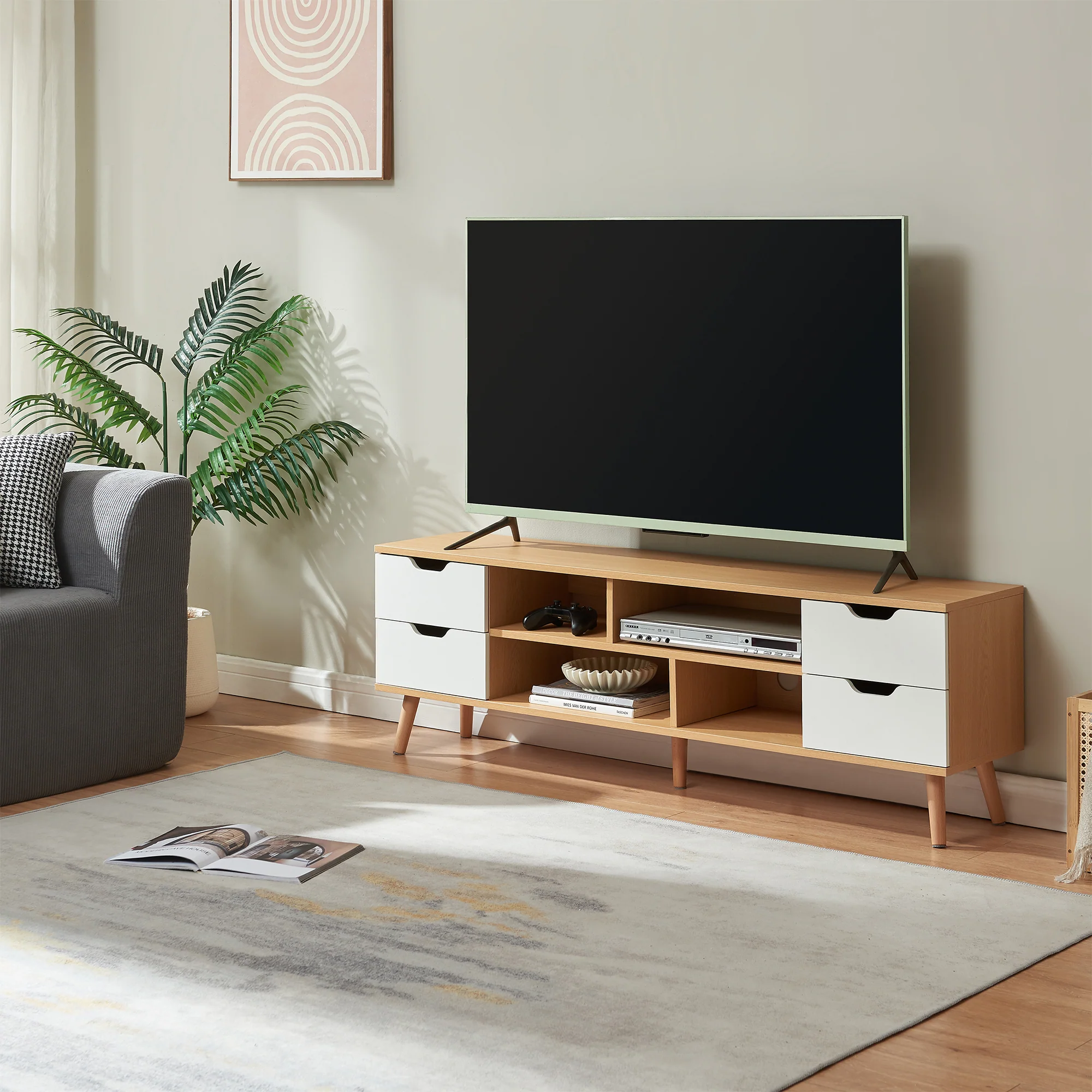Tv-meubel Bordkak 140x30x45 cm eikenkleurig en wit [en.casa] - Image 2